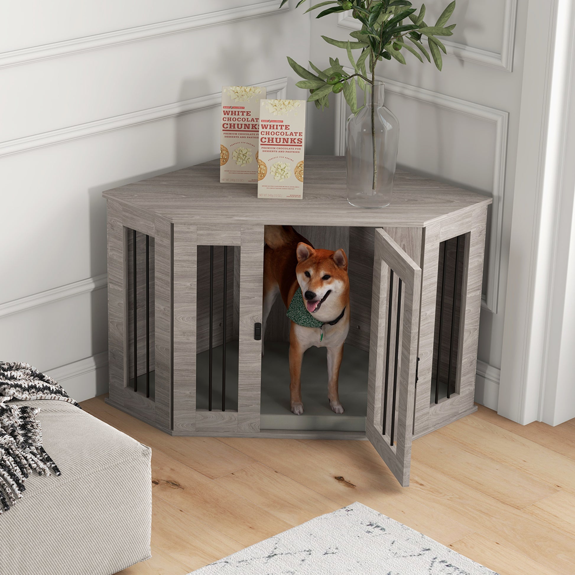 Dog Crate, Rectangular Dog House with Cushion, Pet Cage for Medium-Sized Dogs, Walnut, 104 x 55 x 63 cm