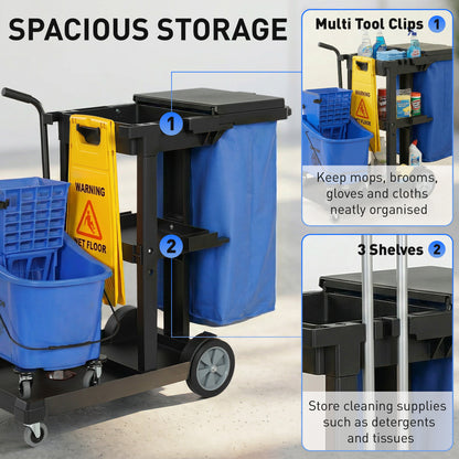 Janitorial Cart Cleaning Trolley with 3 Tiers, 70 L Trash Bag with Lid, Casters, Wringer Mop Bucket, Tool Holders & Wet Floor Sign for Hotels, Malls, Offices — 122 x 46.5 x 101 cm (48 x 18.3 x 39.8 in)