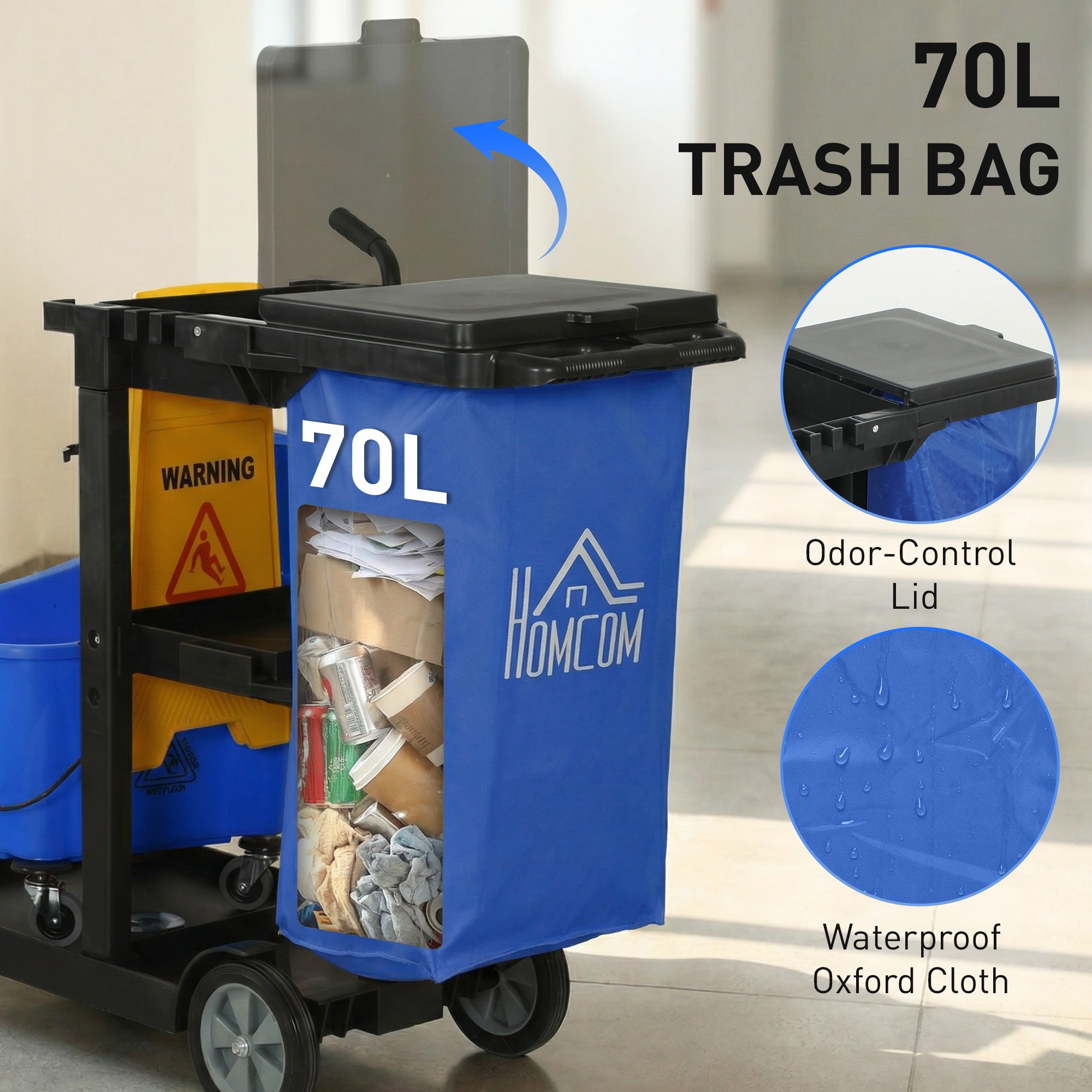 Janitorial Cart Cleaning Trolley with 3 Tiers, 70 L Trash Bag with Lid, Casters, Wringer Mop Bucket, Tool Holders & Wet Floor Sign for Hotels, Malls, Offices — 122 x 46.5 x 101 cm (48 x 18.3 x 39.8 in)
