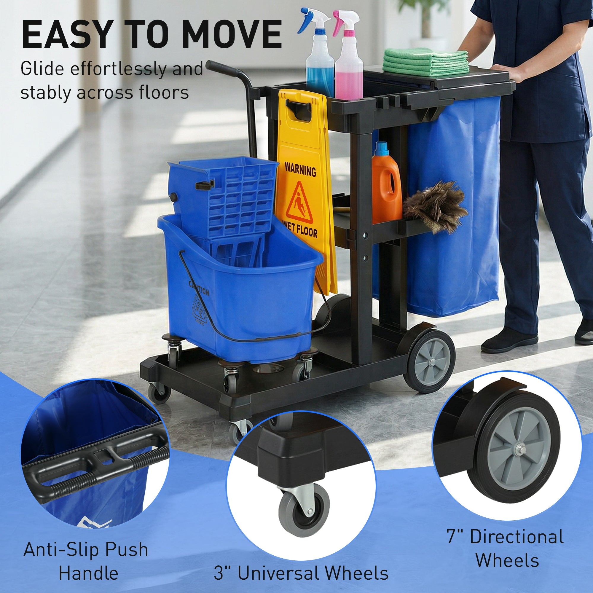 Janitorial Cart Cleaning Trolley with 3 Tiers, 70 L Trash Bag with Lid, Casters, Wringer Mop Bucket, Tool Holders & Wet Floor Sign for Hotels, Malls, Offices — 122 x 46.5 x 101 cm (48 x 18.3 x 39.8 in)