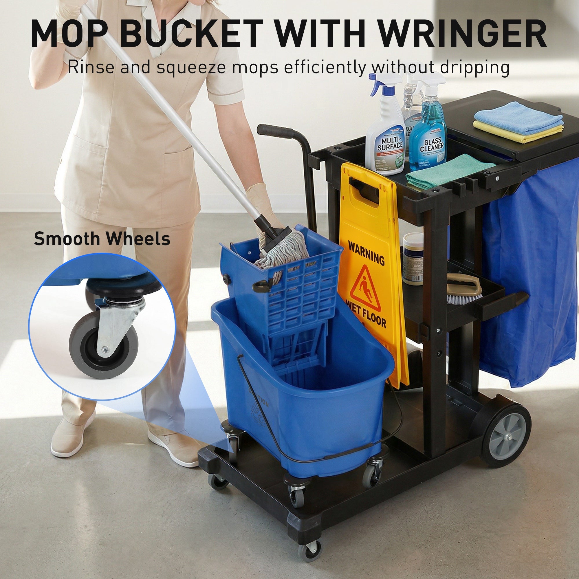 Janitorial Cart Cleaning Trolley with 3 Tiers, 70 L Trash Bag with Lid, Casters, Wringer Mop Bucket, Tool Holders & Wet Floor Sign for Hotels, Malls, Offices — 122 x 46.5 x 101 cm (48 x 18.3 x 39.8 in)