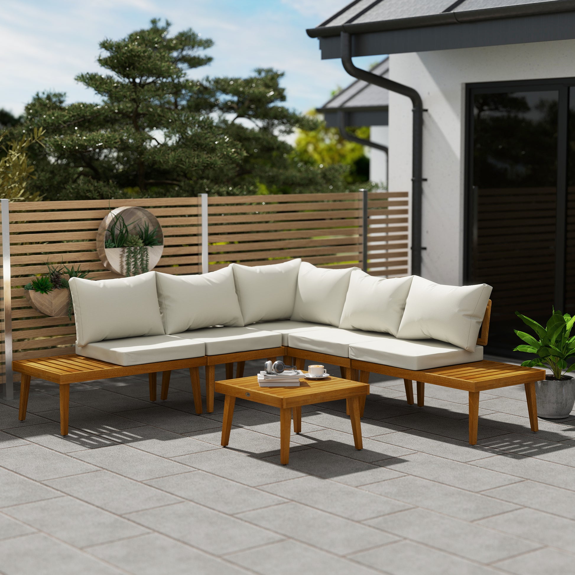 5-seater outdoor corner garden set modular in acacia wood with sofas and coffee table, slatted trays and cushions included, garden furniture terrace veranda, cream