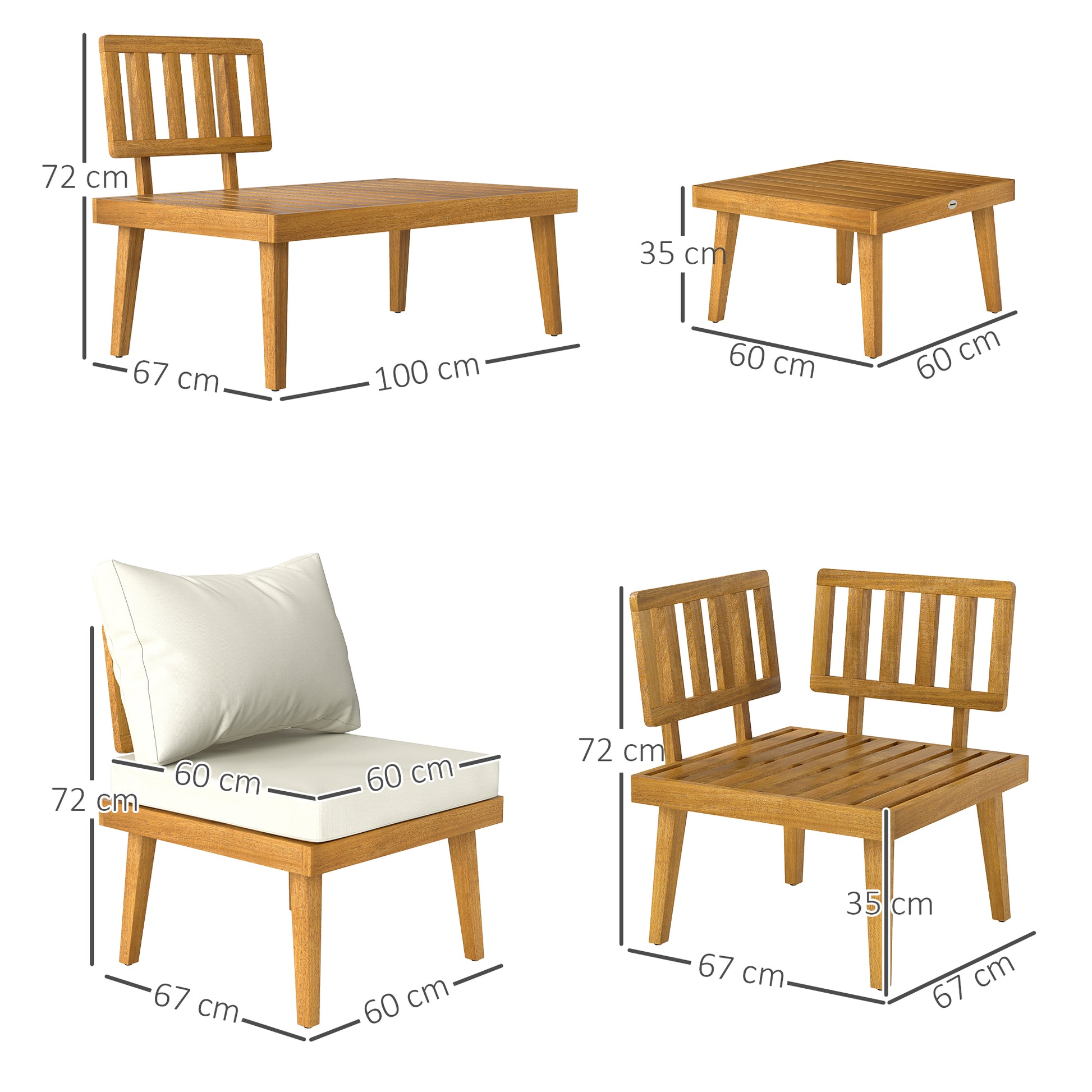 5-seater outdoor corner garden set modular in acacia wood with sofas and coffee table, slatted trays and cushions included, garden furniture terrace veranda, cream
