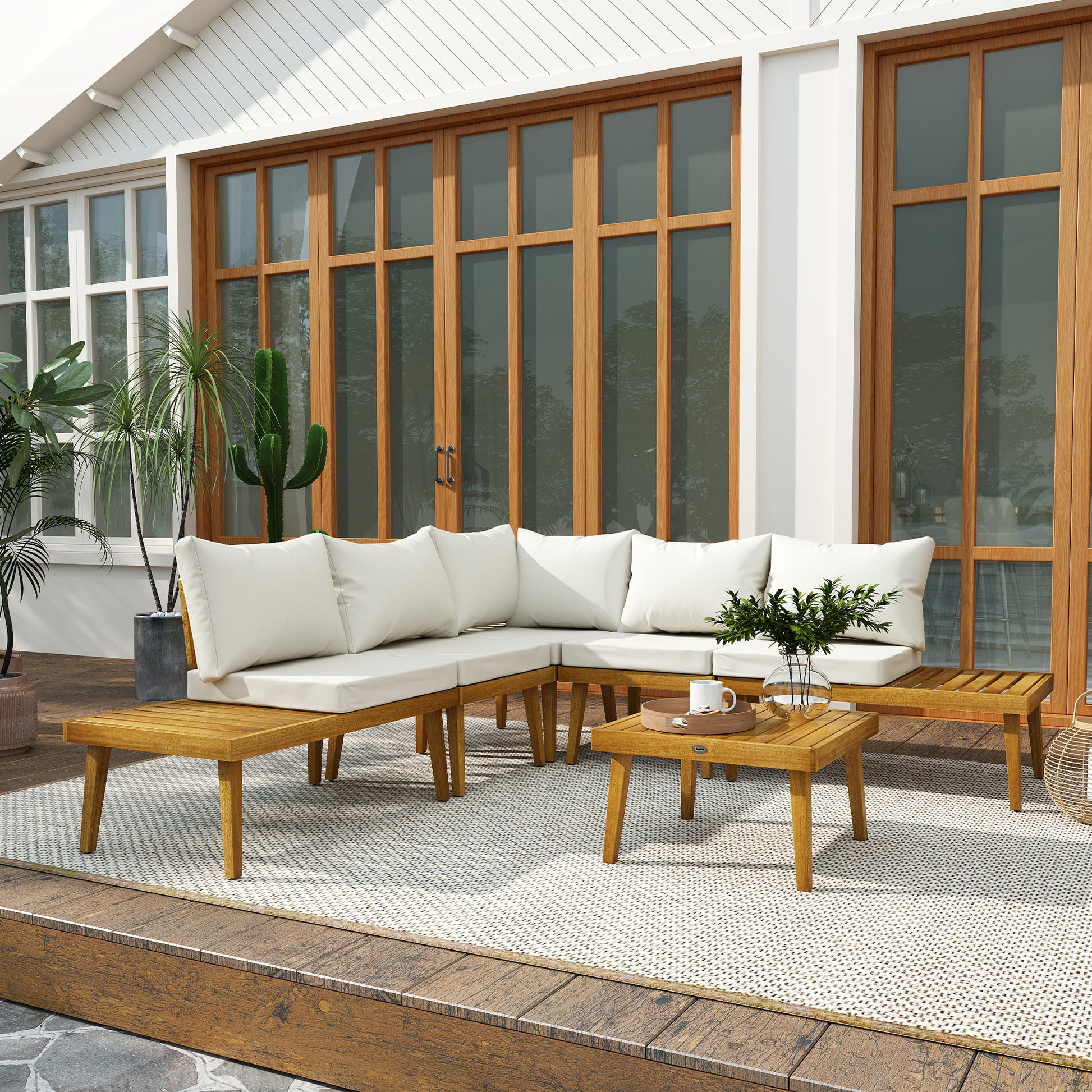 5-seater outdoor corner garden set modular in acacia wood with sofas and coffee table, slatted trays and cushions included, garden furniture terrace veranda, cream
