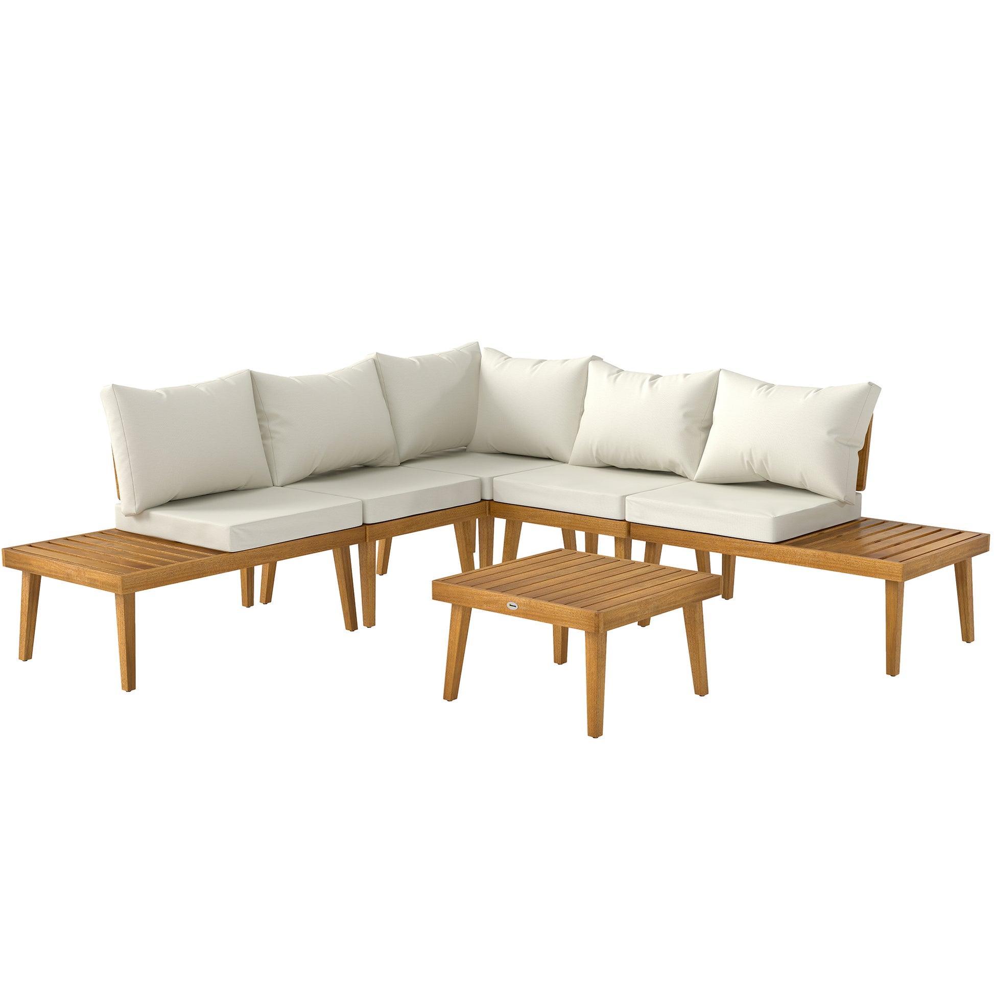 5-seater outdoor corner garden set modular in acacia wood with sofas and coffee table, slatted trays and cushions included, garden furniture terrace veranda, cream