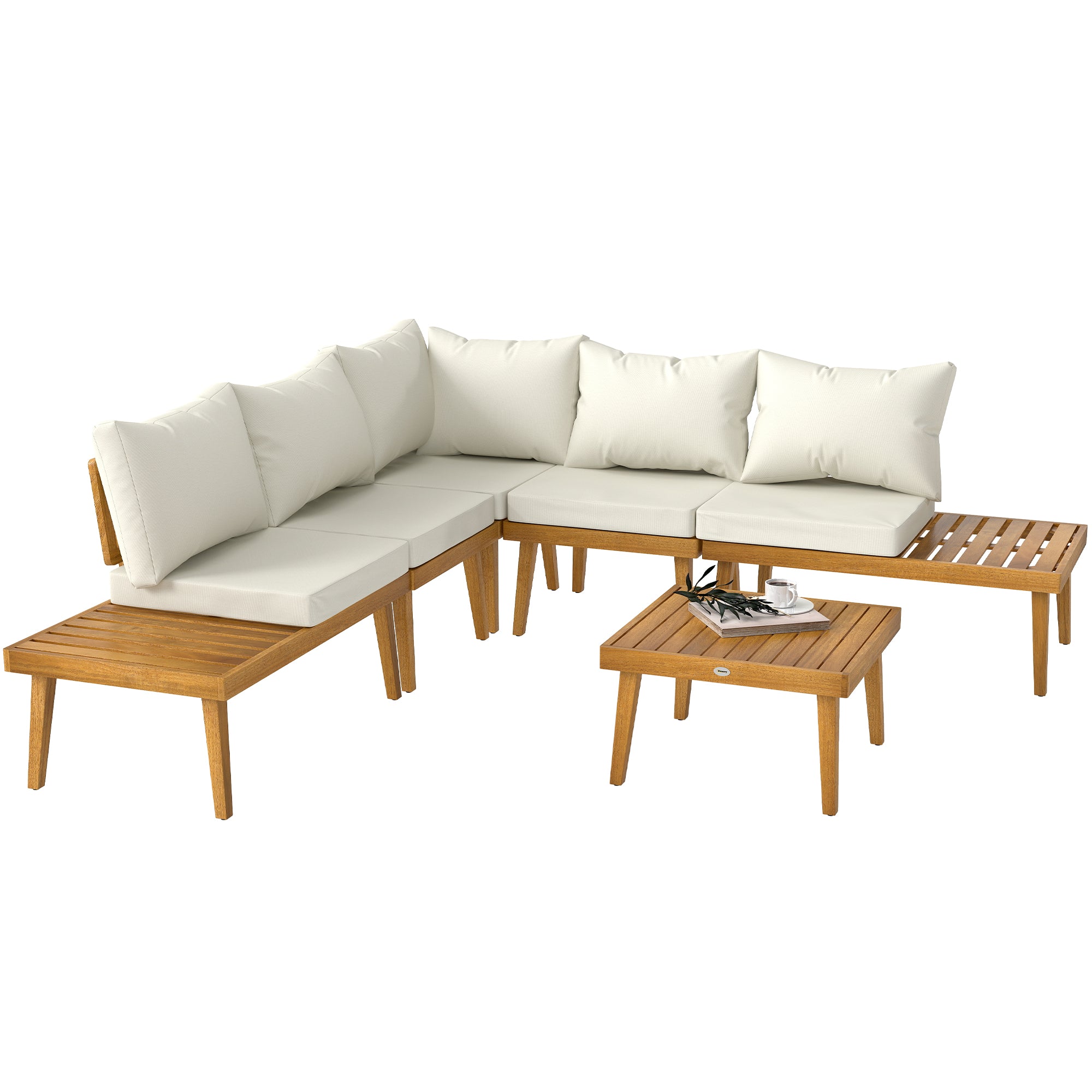 5-seater outdoor corner garden set modular in acacia wood with sofas and coffee table, slatted trays and cushions included, garden furniture terrace veranda, cream