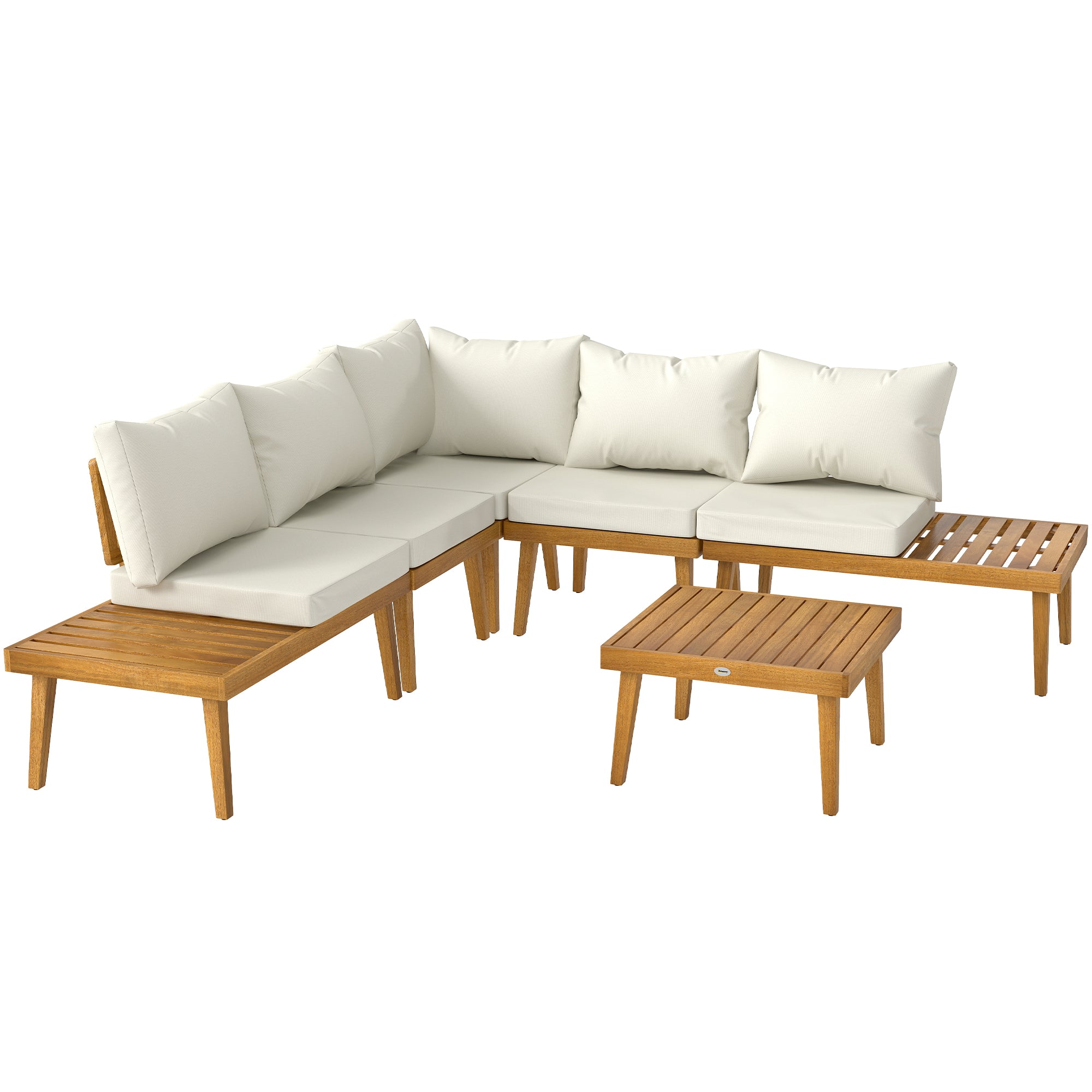 5-seater outdoor corner garden set modular in acacia wood with sofas and coffee table, slatted trays and cushions included, garden furniture terrace veranda, cream