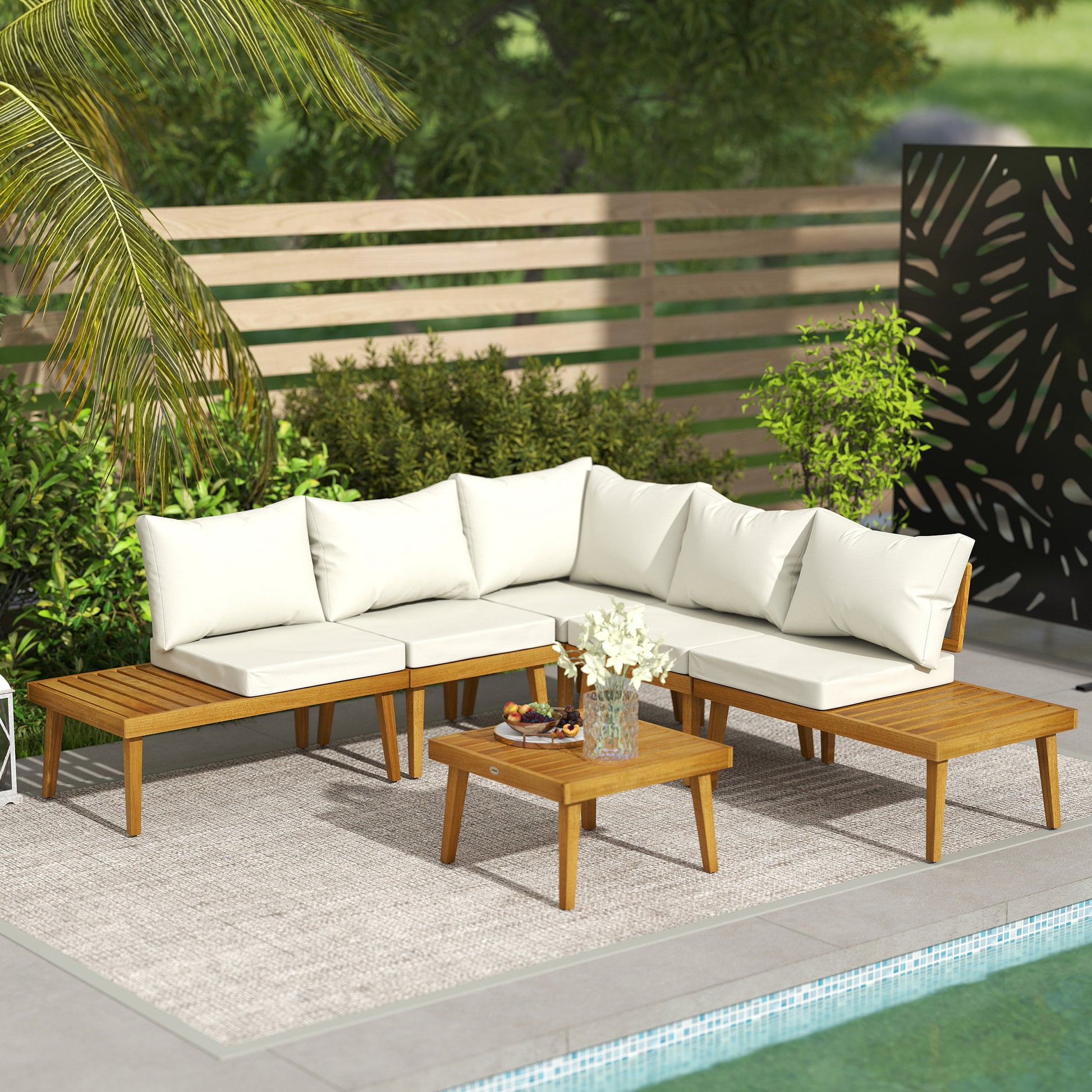 5-seater outdoor corner garden set modular in acacia wood with sofas and coffee table, slatted trays and cushions included, garden furniture terrace veranda, cream