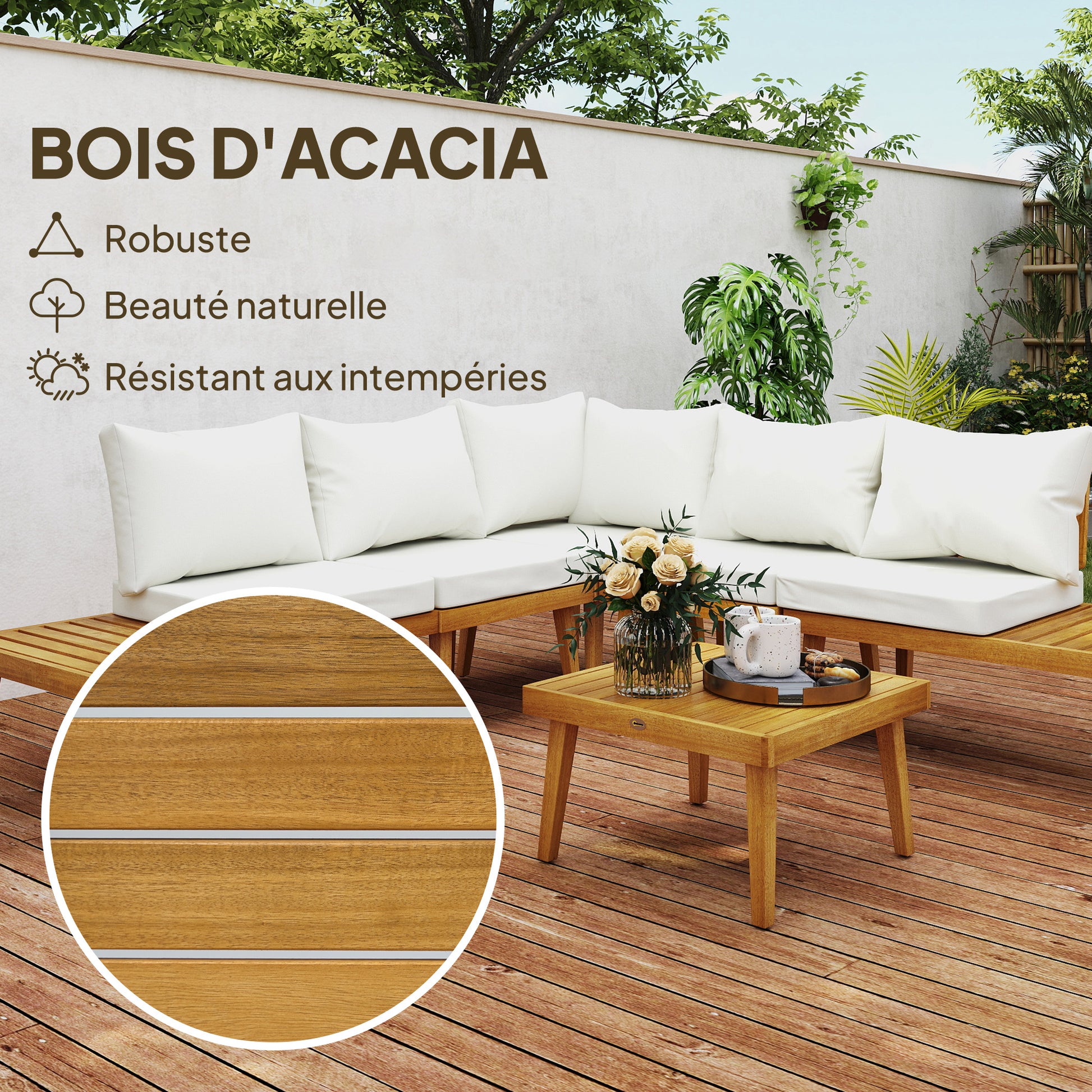 5-seater outdoor corner garden set modular in acacia wood with sofas and coffee table, slatted trays and cushions included, garden furniture terrace veranda, cream