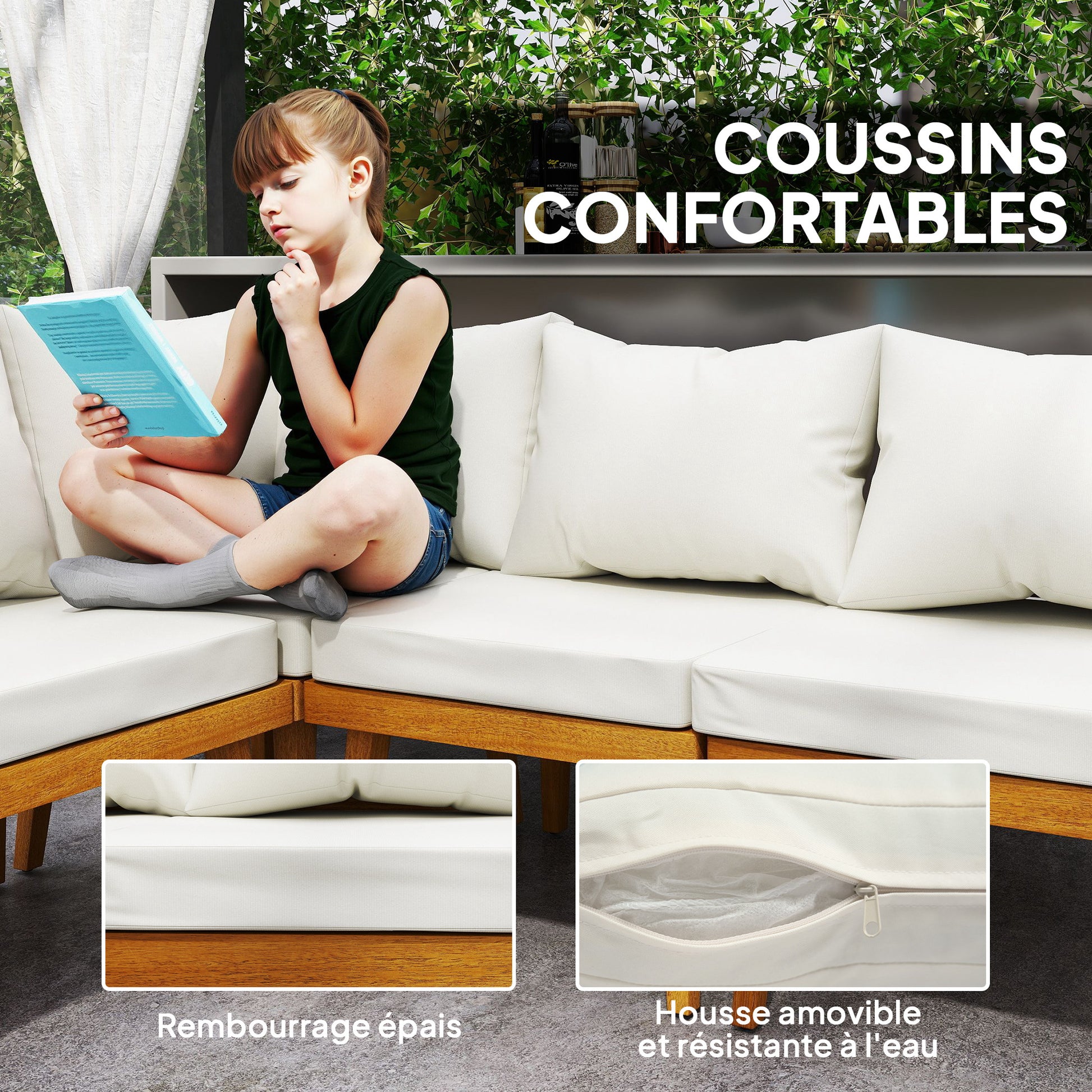5-seater outdoor corner garden set modular in acacia wood with sofas and coffee table, slatted trays and cushions included, garden furniture terrace veranda, cream