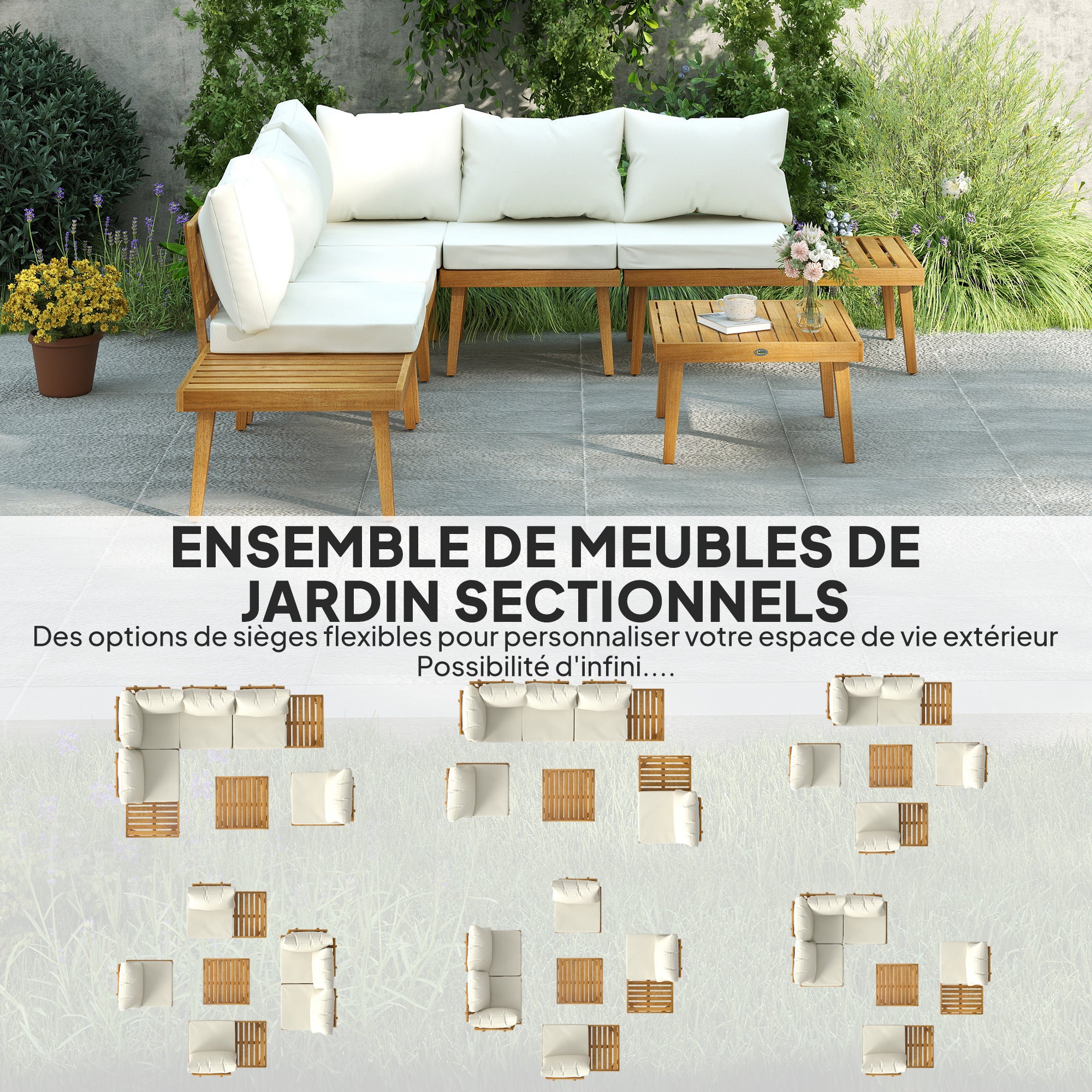 5-seater outdoor corner garden set modular in acacia wood with sofas and coffee table, slatted trays and cushions included, garden furniture terrace veranda, cream
