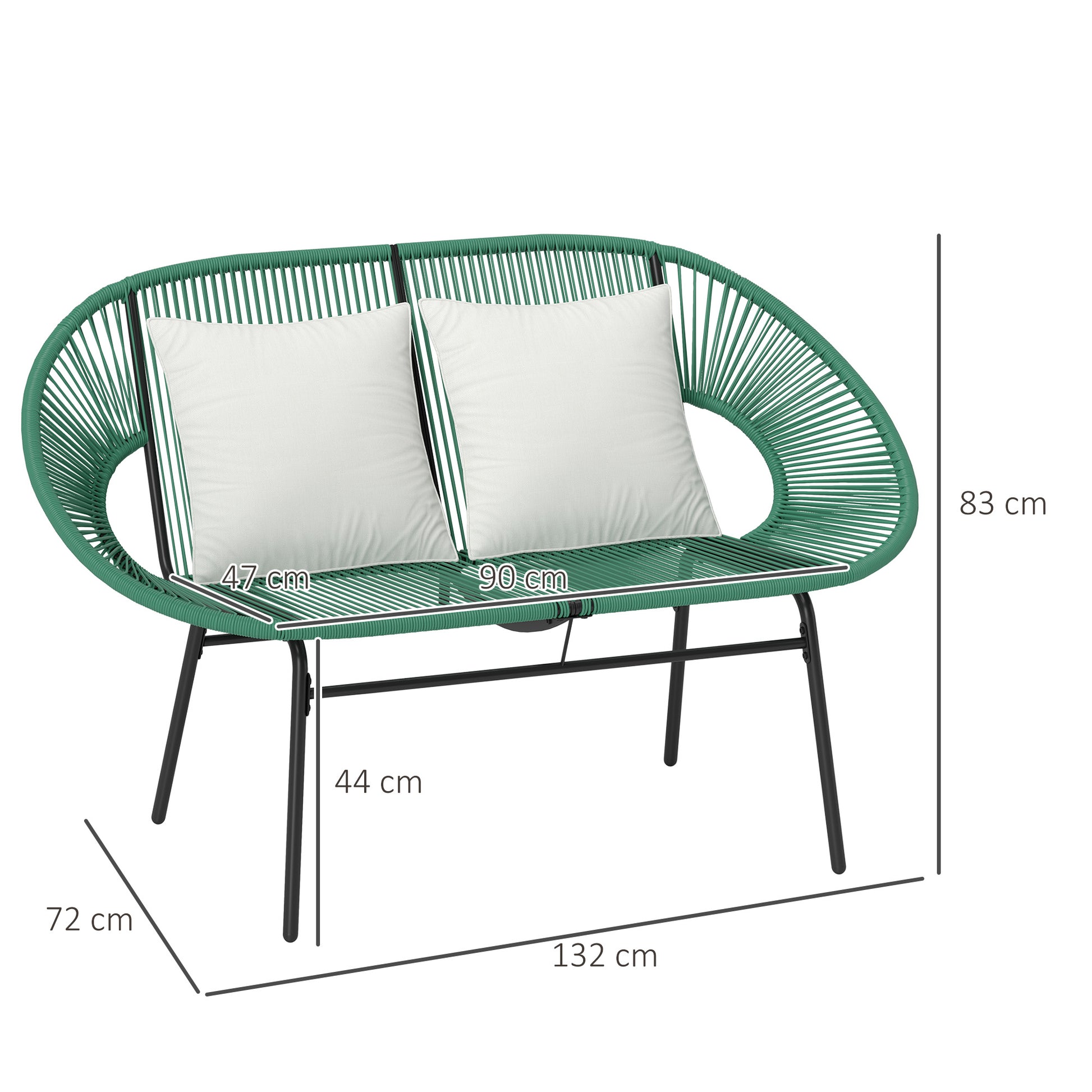 2-Seater Garden Bench in Steel and Resin Rope with 2 Cushions - dim. 132L x 72W x 83H cm - dark green
