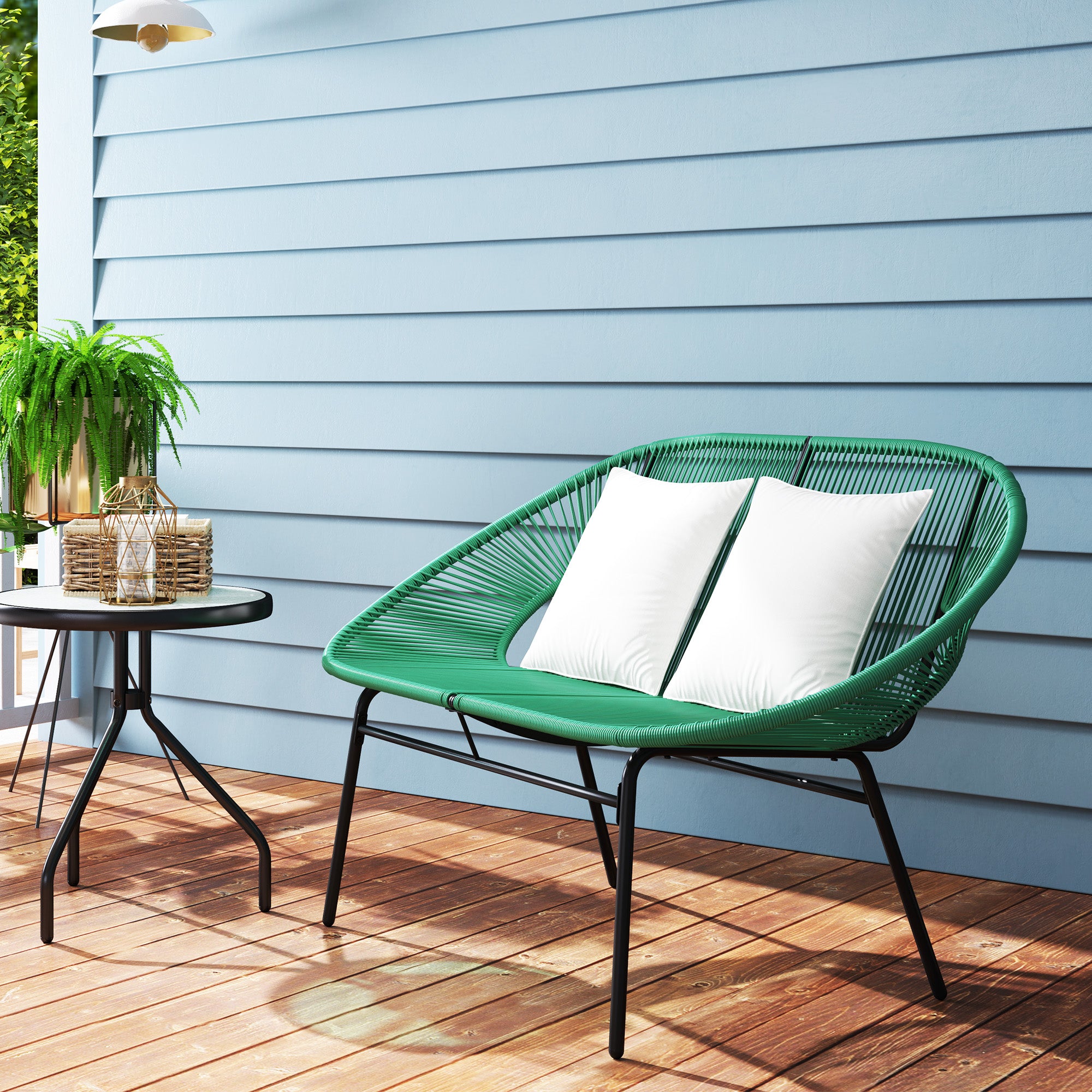 2-Seater Garden Bench in Steel and Resin Rope with 2 Cushions - dim. 132L x 72W x 83H cm - dark green