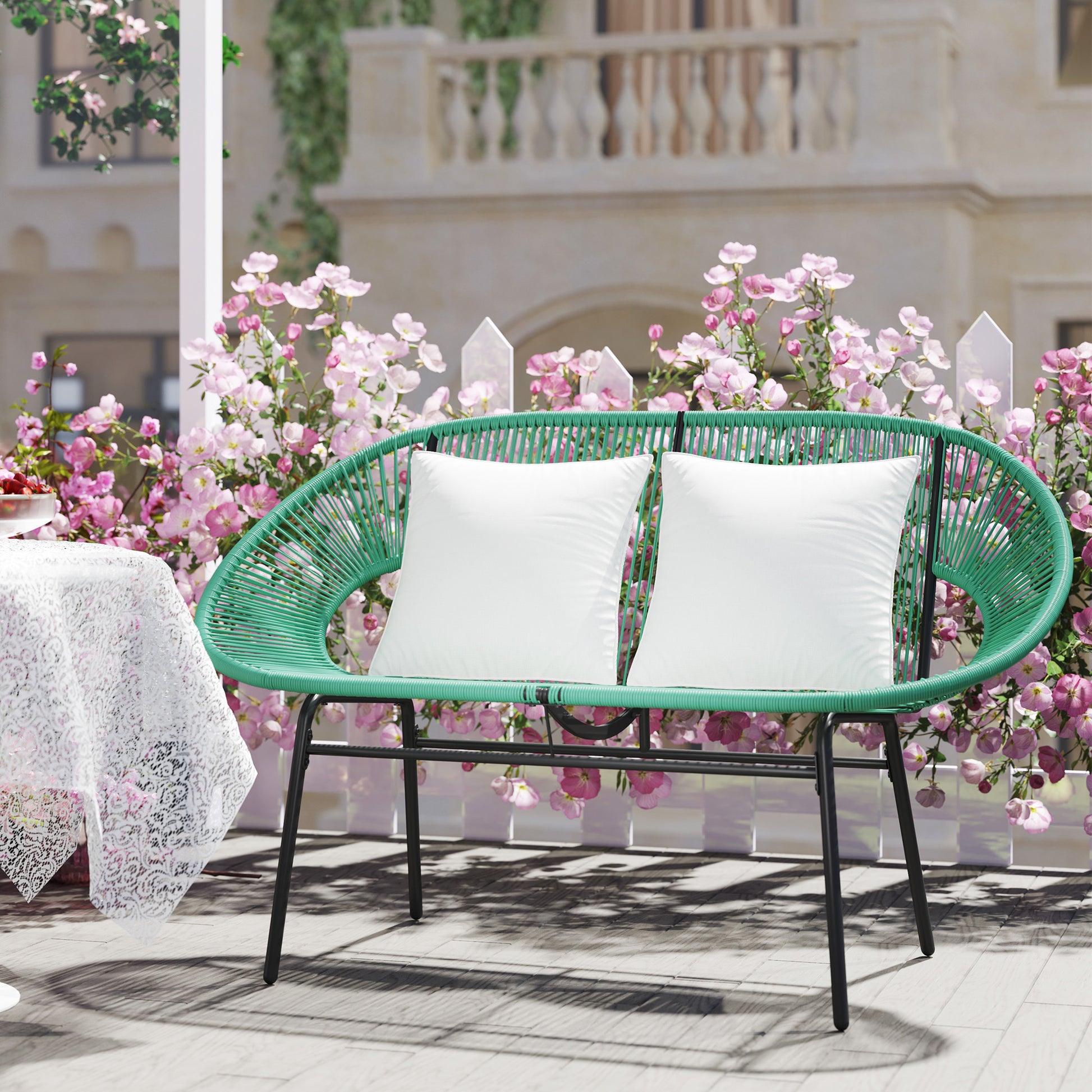 2-Seater Garden Bench in Steel and Resin Rope with 2 Cushions - dim. 132L x 72W x 83H cm - dark green