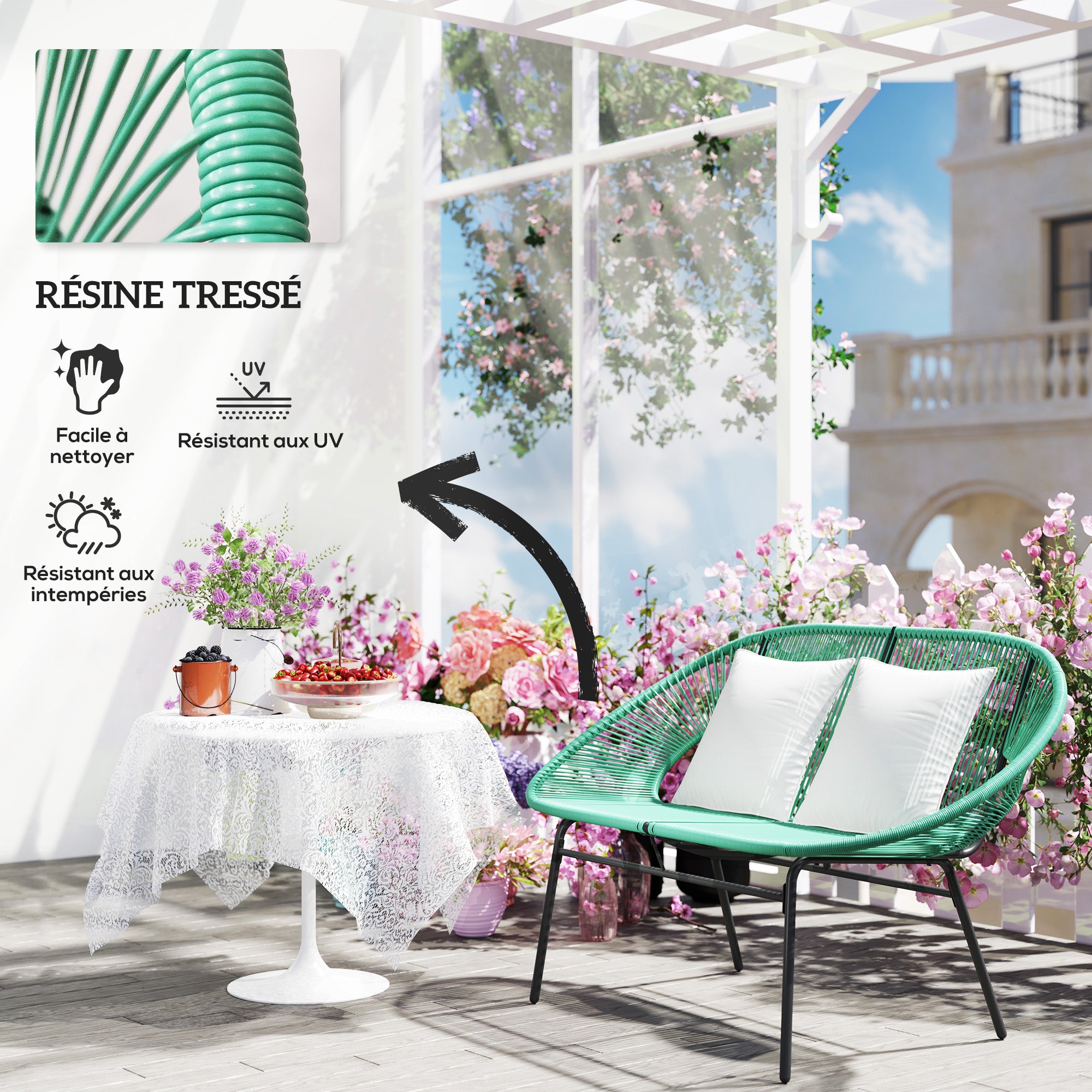 2-Seater Garden Bench in Steel and Resin Rope with 2 Cushions - dim. 132L x 72W x 83H cm - dark green