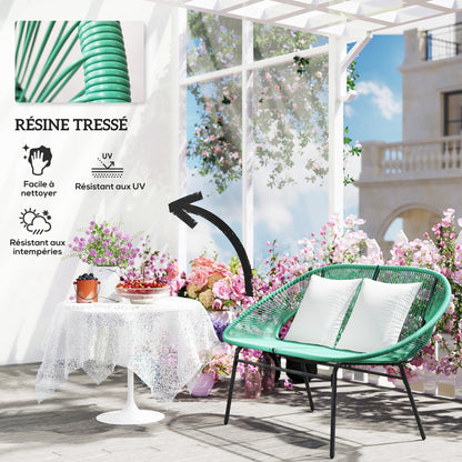 2-Seater Garden Bench in Steel and Resin Rope with 2 Cushions - dim. 132L x 72W x 83H cm - dark green