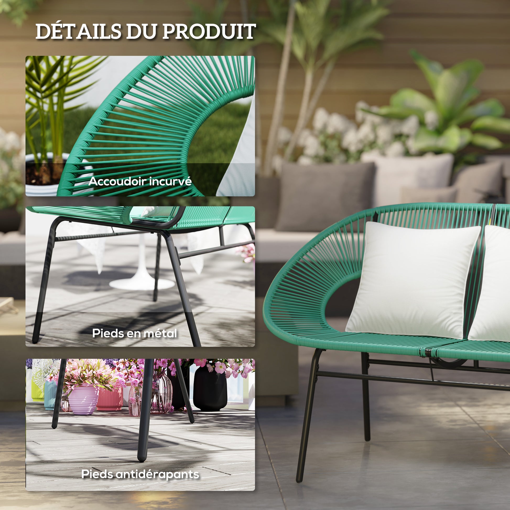 2-Seater Garden Bench in Steel and Resin Rope with 2 Cushions - dim. 132L x 72W x 83H cm - dark green