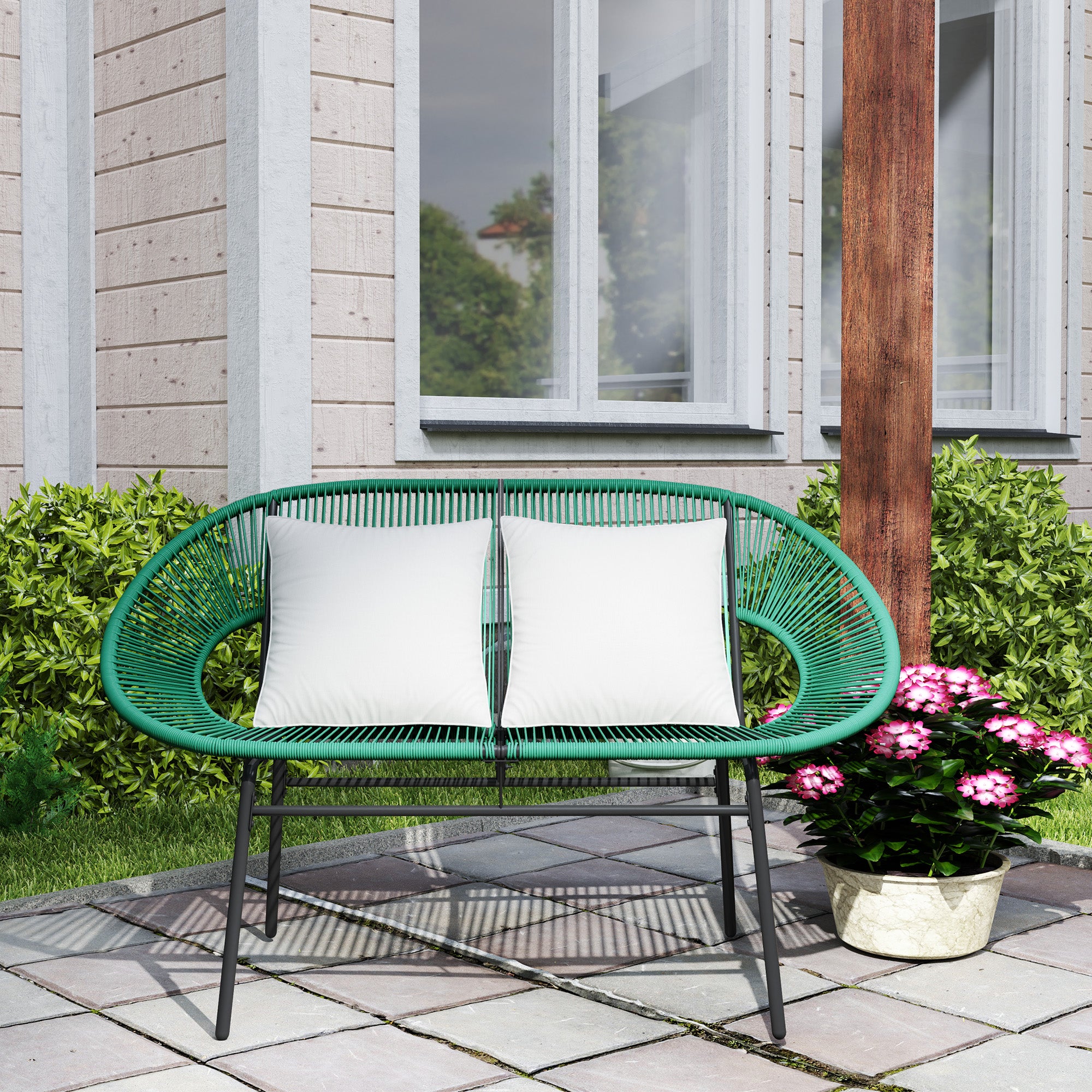 2-Seater Garden Bench in Steel and Resin Rope with 2 Cushions - dim. 132L x 72W x 83H cm - dark green