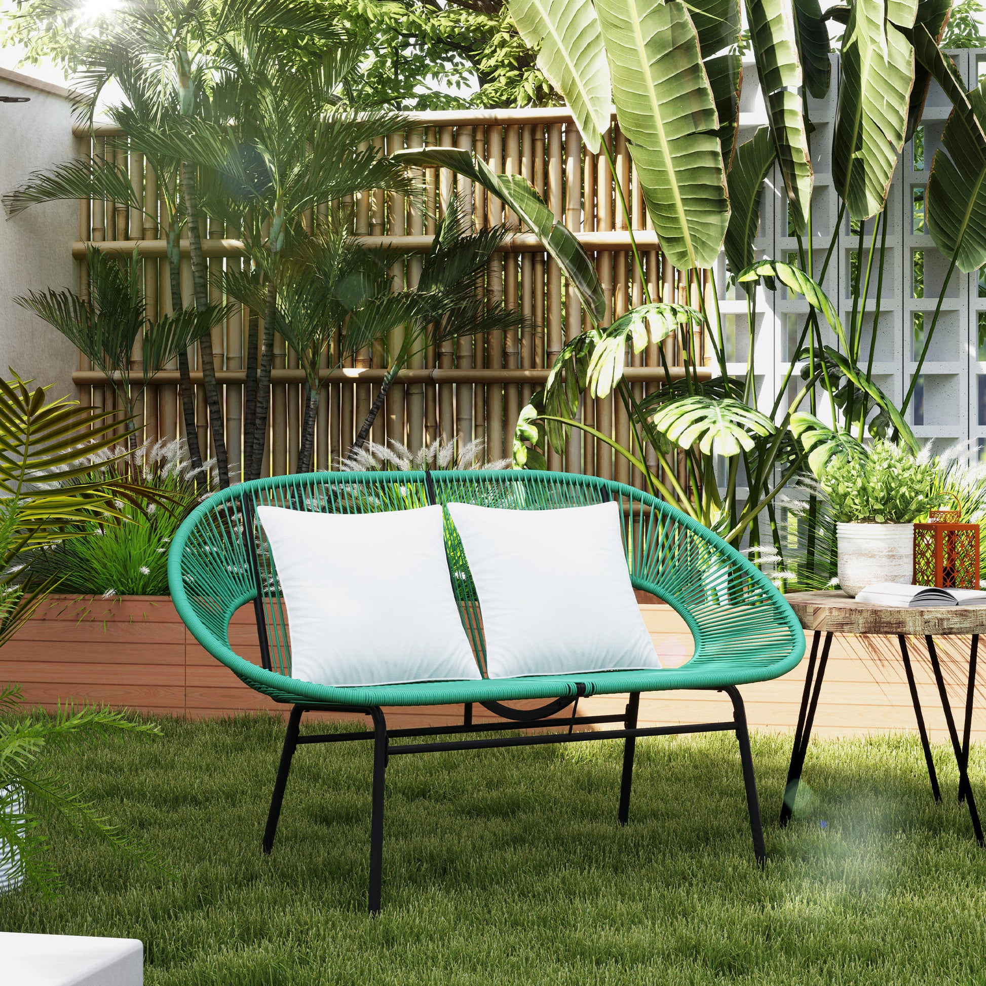 2-Seater Garden Bench in Steel and Resin Rope with 2 Cushions - dim. 132L x 72W x 83H cm - dark green