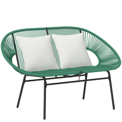 2-Seater Garden Bench in Steel and Resin Rope with 2 Cushions - dim. 132L x 72W x 83H cm - dark green