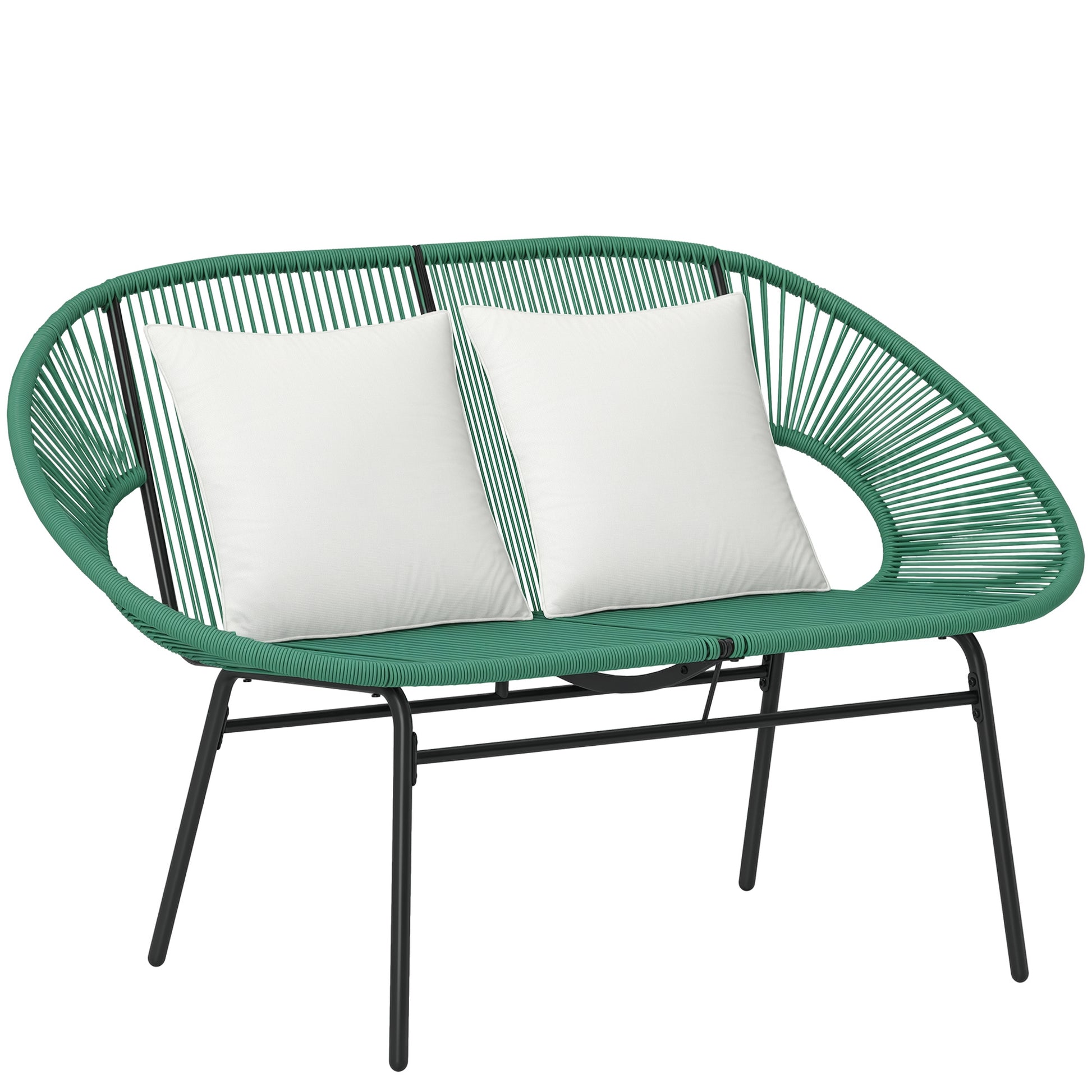 2-Seater Garden Bench in Steel and Resin Rope with 2 Cushions - dim. 132L x 72W x 83H cm - dark green