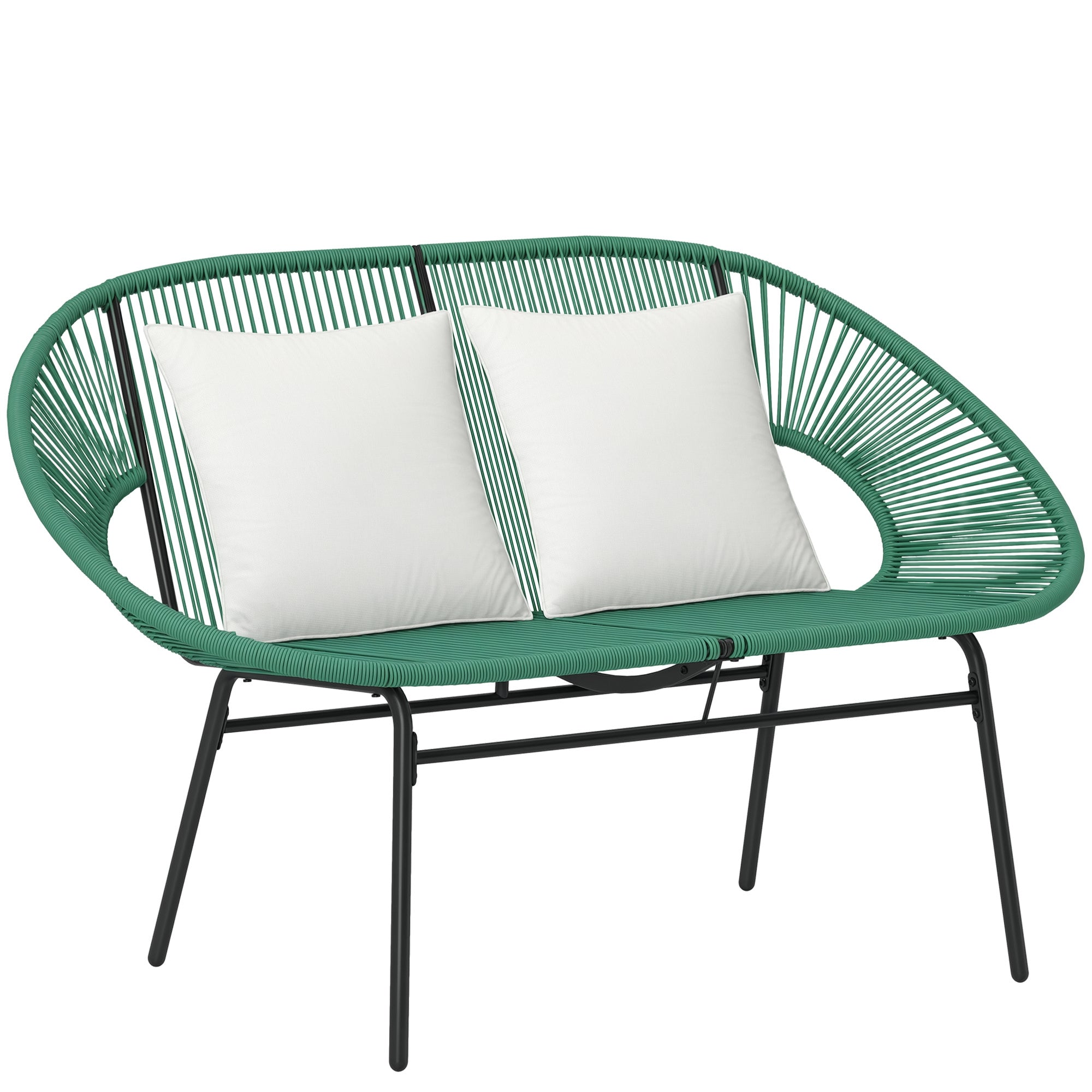 2-Seater Garden Bench in Steel and Resin Rope with 2 Cushions - dim. 132L x 72W x 83H cm - dark green
