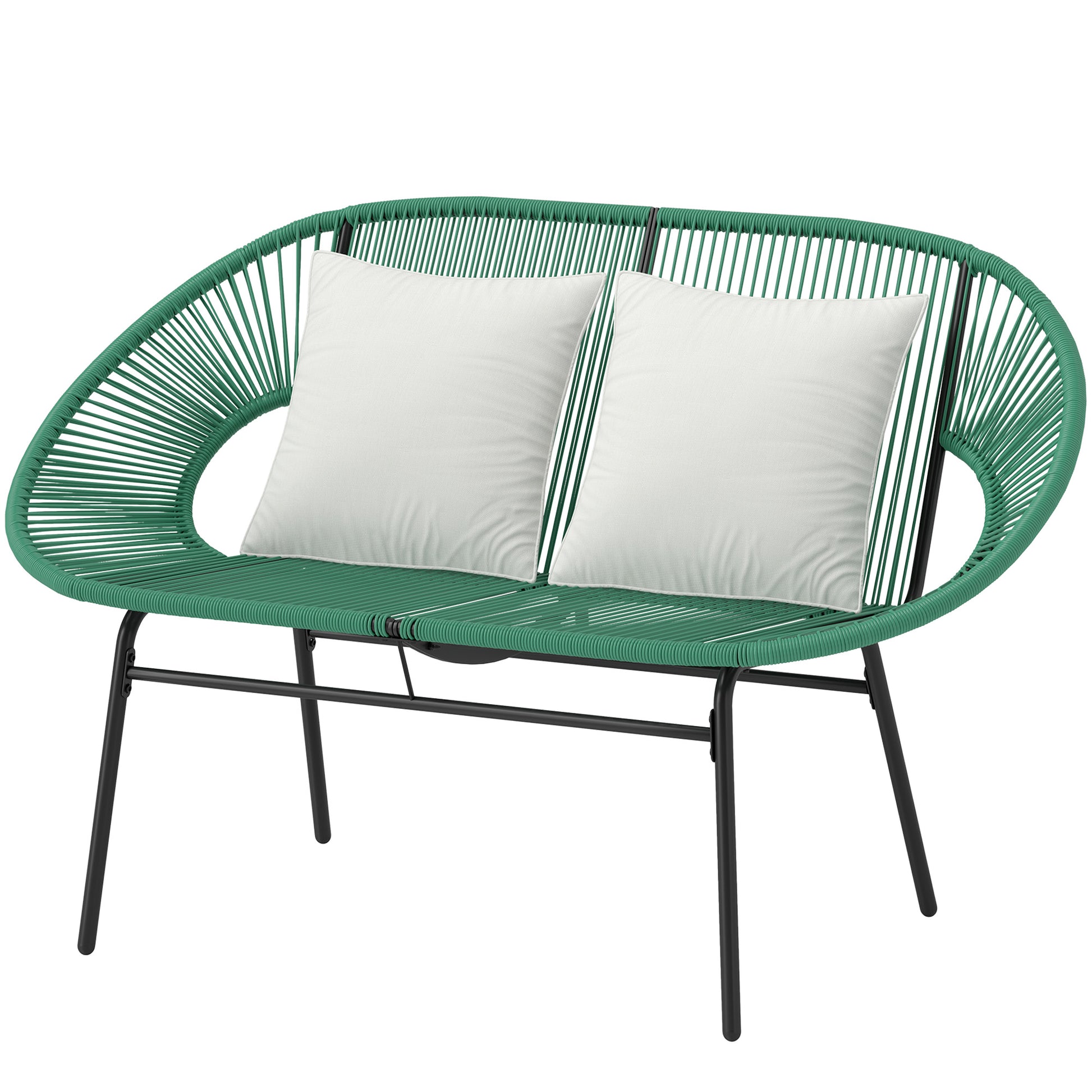 2-Seater Garden Bench in Steel and Resin Rope with 2 Cushions - dim. 132L x 72W x 83H cm - dark green