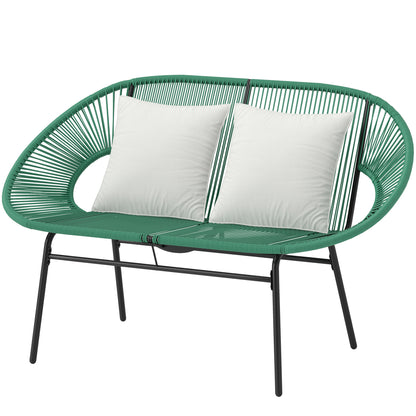2-Seater Garden Bench in Steel and Resin Rope with 2 Cushions - dim. 132L x 72W x 83H cm - dark green