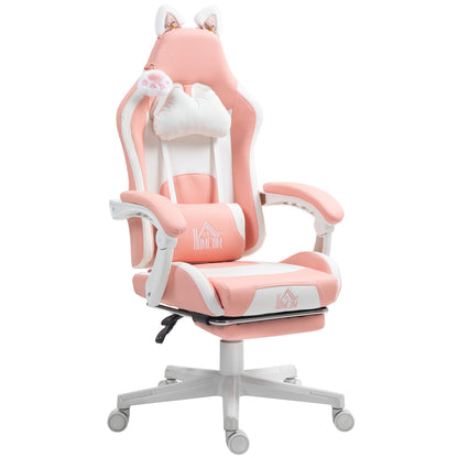 Gaming Chair with Cat Ears Reclining Gamer Chair with Adjustable Height Retractable Footrest Lumbar Support and Detachable Headrest Office Study Chair Pink