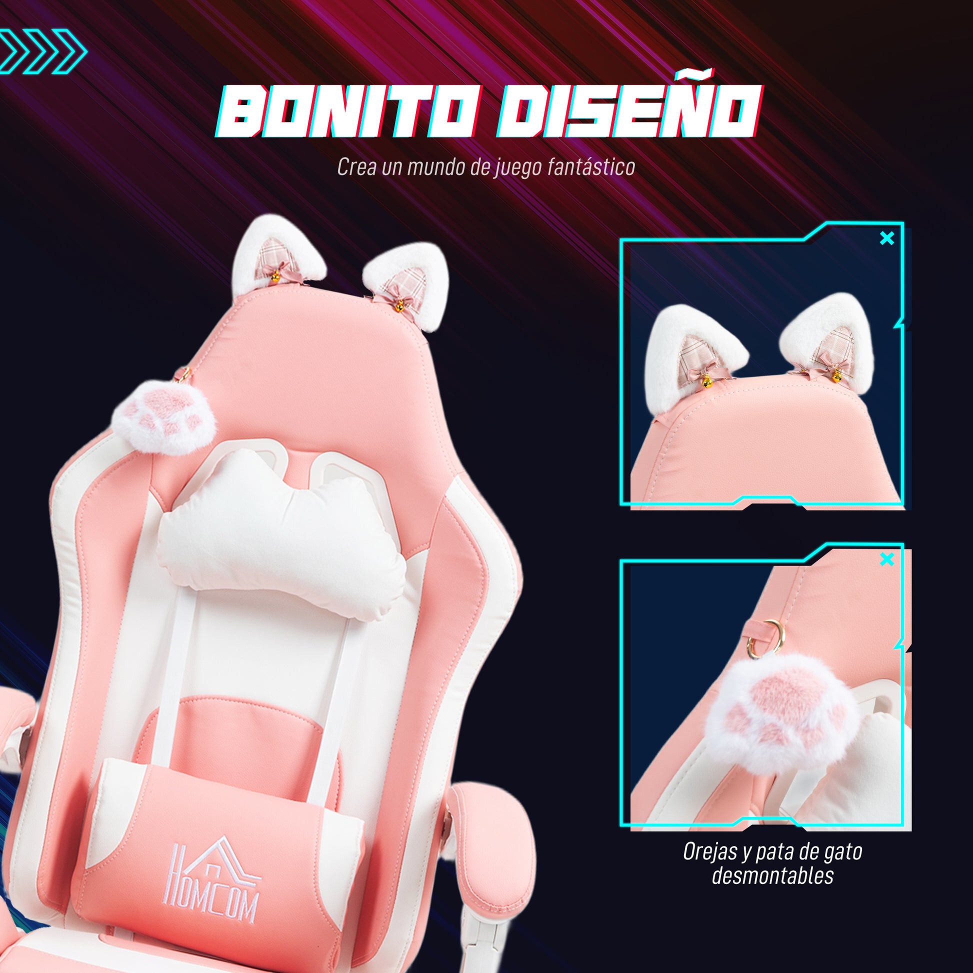 Gaming Chair with Cat Ears Reclining Gamer Chair with Adjustable Height Retractable Footrest Lumbar Support and Detachable Headrest Office Study Chair Pink