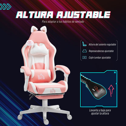 Gaming Chair with Cat Ears Reclining Gamer Chair with Adjustable Height Retractable Footrest Lumbar Support and Detachable Headrest Office Study Chair Pink
