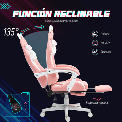 Gaming Chair with Cat Ears Reclining Gamer Chair with Adjustable Height Retractable Footrest Lumbar Support and Detachable Headrest Office Study Chair Pink