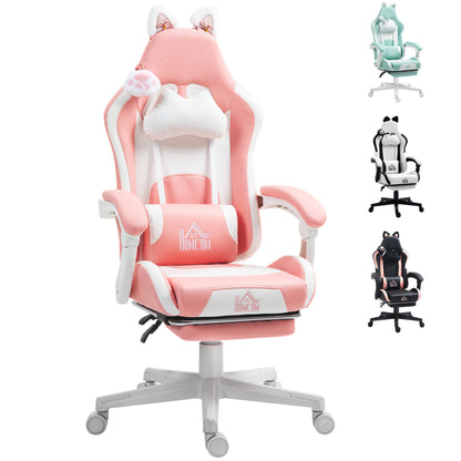 Gaming Chair with Cat Ears Reclining Gamer Chair with Adjustable Height Retractable Footrest Lumbar Support and Detachable Headrest Office Study Chair Pink