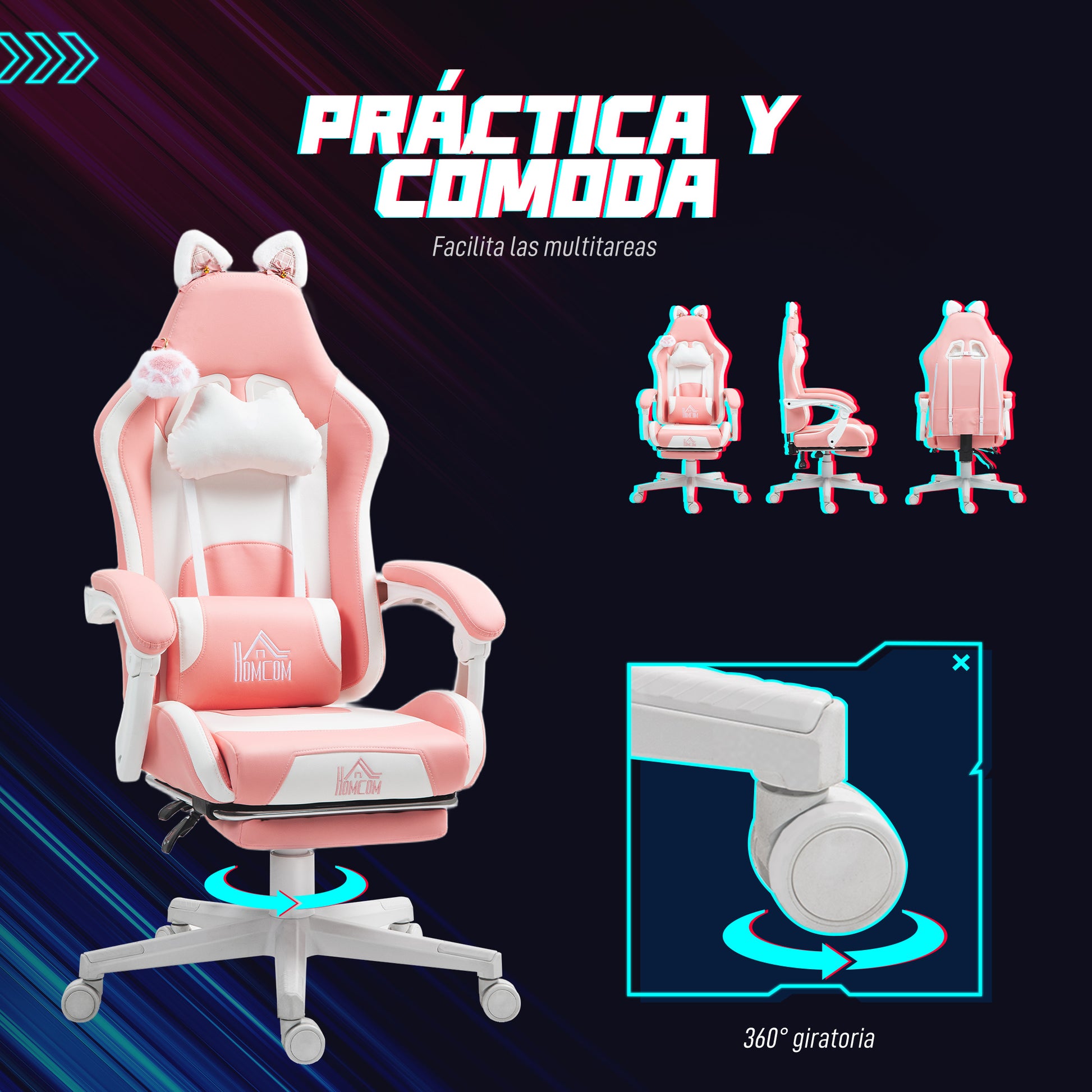 Gaming Chair with Cat Ears Reclining Gamer Chair with Adjustable Height Retractable Footrest Lumbar Support and Detachable Headrest Office Study Chair Pink