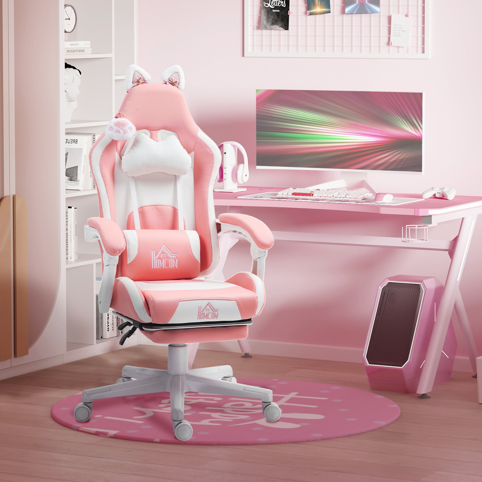 Gaming Chair with Cat Ears Reclining Gamer Chair with Adjustable Height Retractable Footrest Lumbar Support and Detachable Headrest Office Study Chair Pink