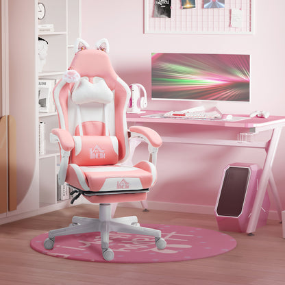 Gaming Chair with Cat Ears Reclining Gamer Chair with Adjustable Height Retractable Footrest Lumbar Support and Detachable Headrest Office Study Chair Pink