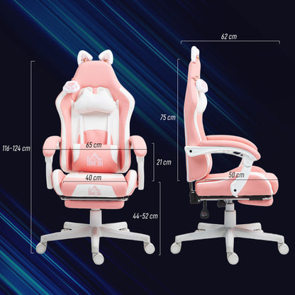 Gaming Chair with Cat Ears Reclining Gamer Chair with Adjustable Height Retractable Footrest Lumbar Support and Detachable Headrest Office Study Chair Pink