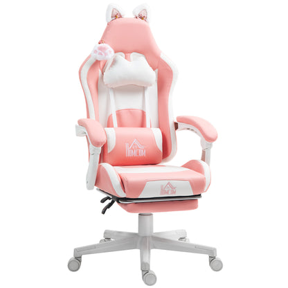 Gaming Chair with Cat Ears Reclining Gamer Chair with Adjustable Height Retractable Footrest Lumbar Support and Detachable Headrest Office Study Chair Pink