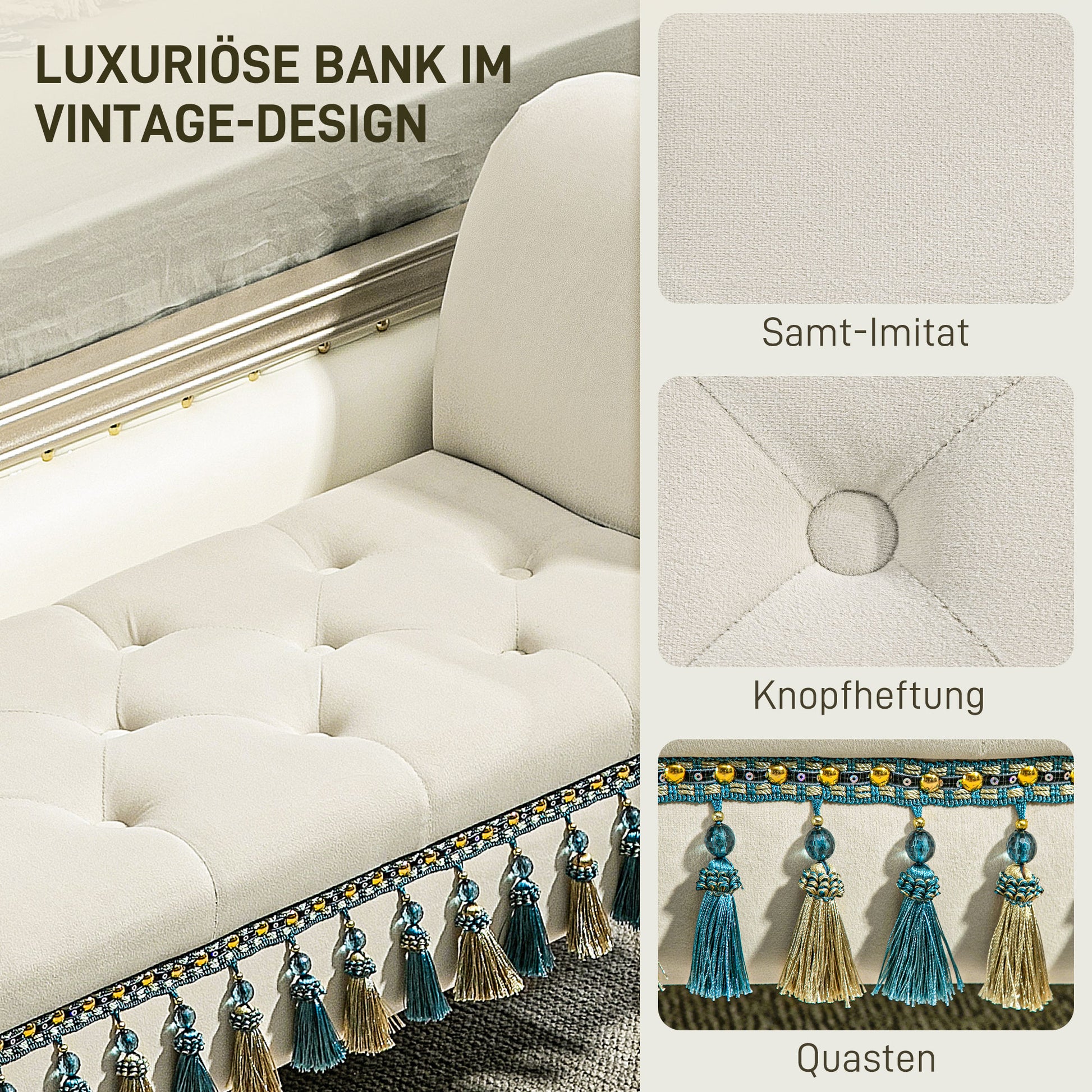 Upholstered Bench, Velvet Look, Luxury Bed Bench with Wooden Legs, Hallway Bench for Bedroom, up to 150 kg Load Capacity, Beige, 117 x 40 x 58 cm