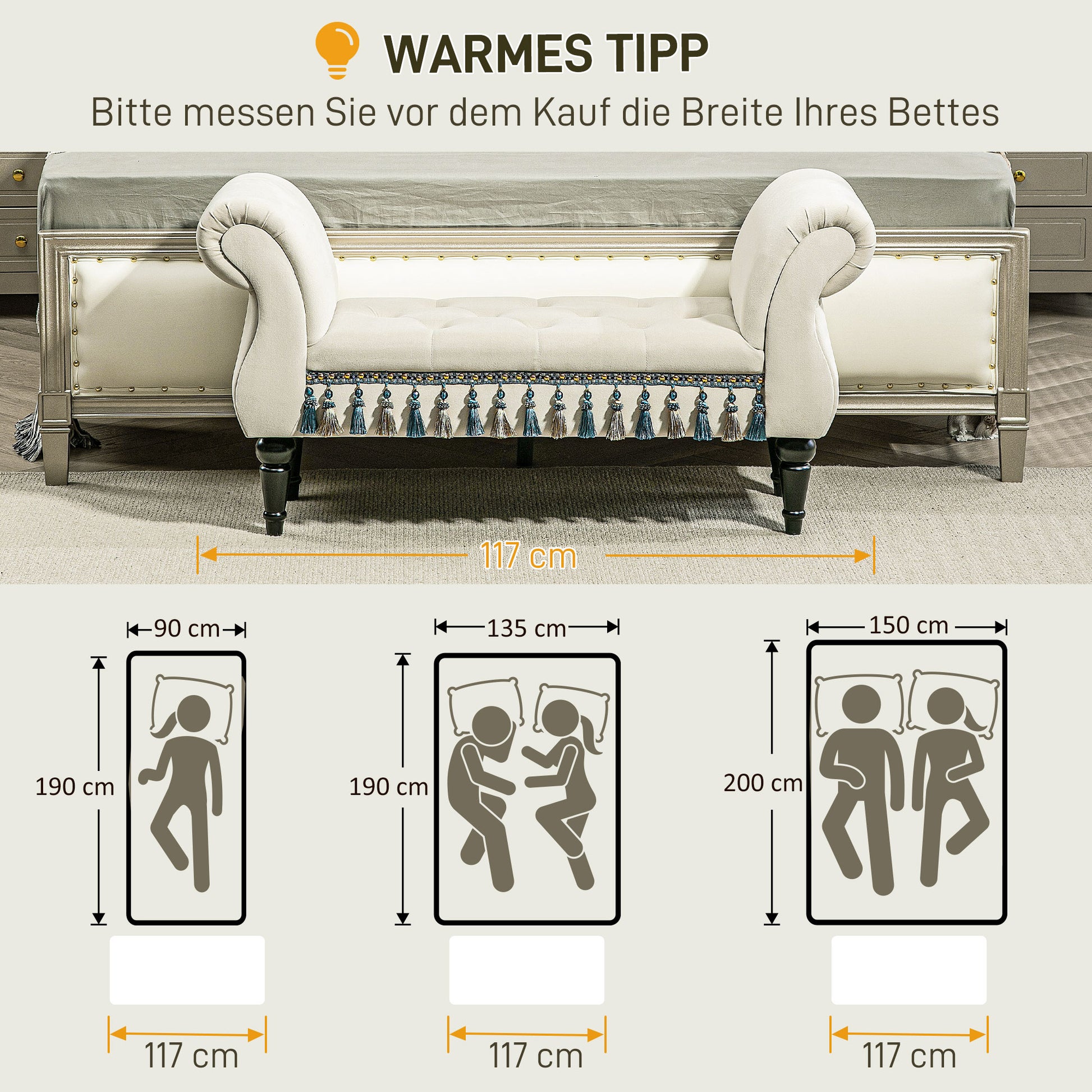 Upholstered Bench, Velvet Look, Luxury Bed Bench with Wooden Legs, Hallway Bench for Bedroom, up to 150 kg Load Capacity, Beige, 117 x 40 x 58 cm