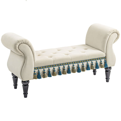 Upholstered Bench, Velvet Look, Luxury Bed Bench with Wooden Legs, Hallway Bench for Bedroom, up to 150 kg Load Capacity, Beige, 117 x 40 x 58 cm