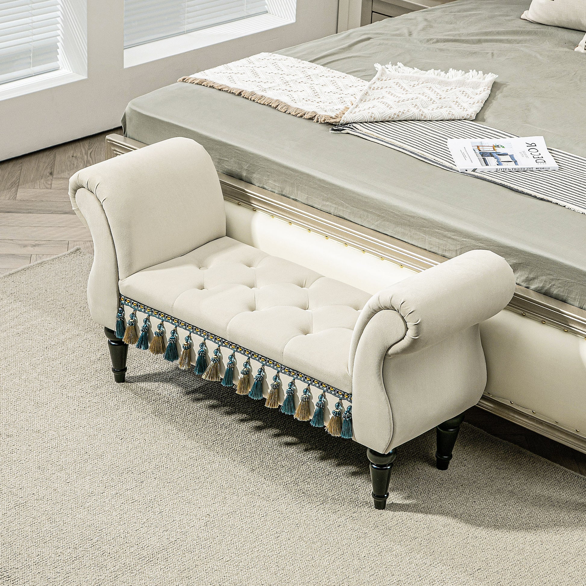 Upholstered Bench, Velvet Look, Luxury Bed Bench with Wooden Legs, Hallway Bench for Bedroom, up to 150 kg Load Capacity, Beige, 117 x 40 x 58 cm