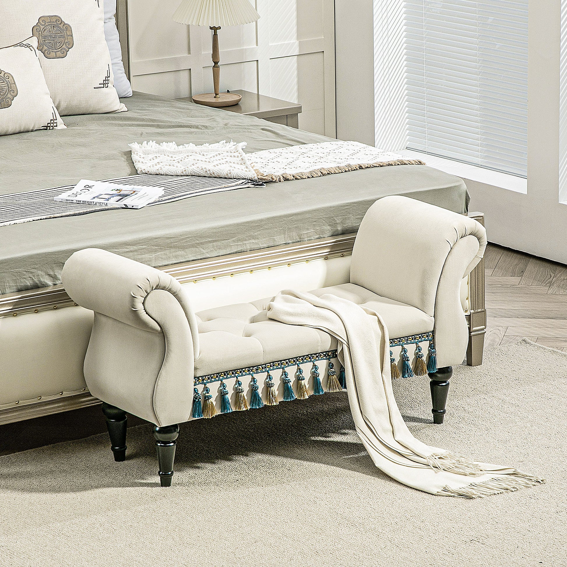 Upholstered Bench, Velvet Look, Luxury Bed Bench with Wooden Legs, Hallway Bench for Bedroom, up to 150 kg Load Capacity, Beige, 117 x 40 x 58 cm