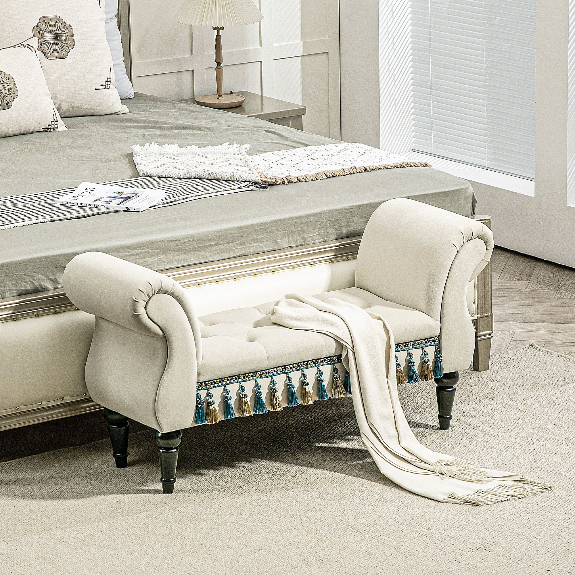 Upholstered Bench, Velvet Look, Luxury Bed Bench with Wooden Legs, Hallway Bench for Bedroom, up to 150 kg Load Capacity, Beige, 117 x 40 x 58 cm