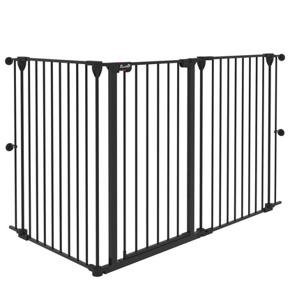 Steel Dog Barrier 206x90 cm Pet Fence 3-Panel Foldable Gate with Double Lock and Auxiliary Locking Function for Doorway Hallway Stairway Black