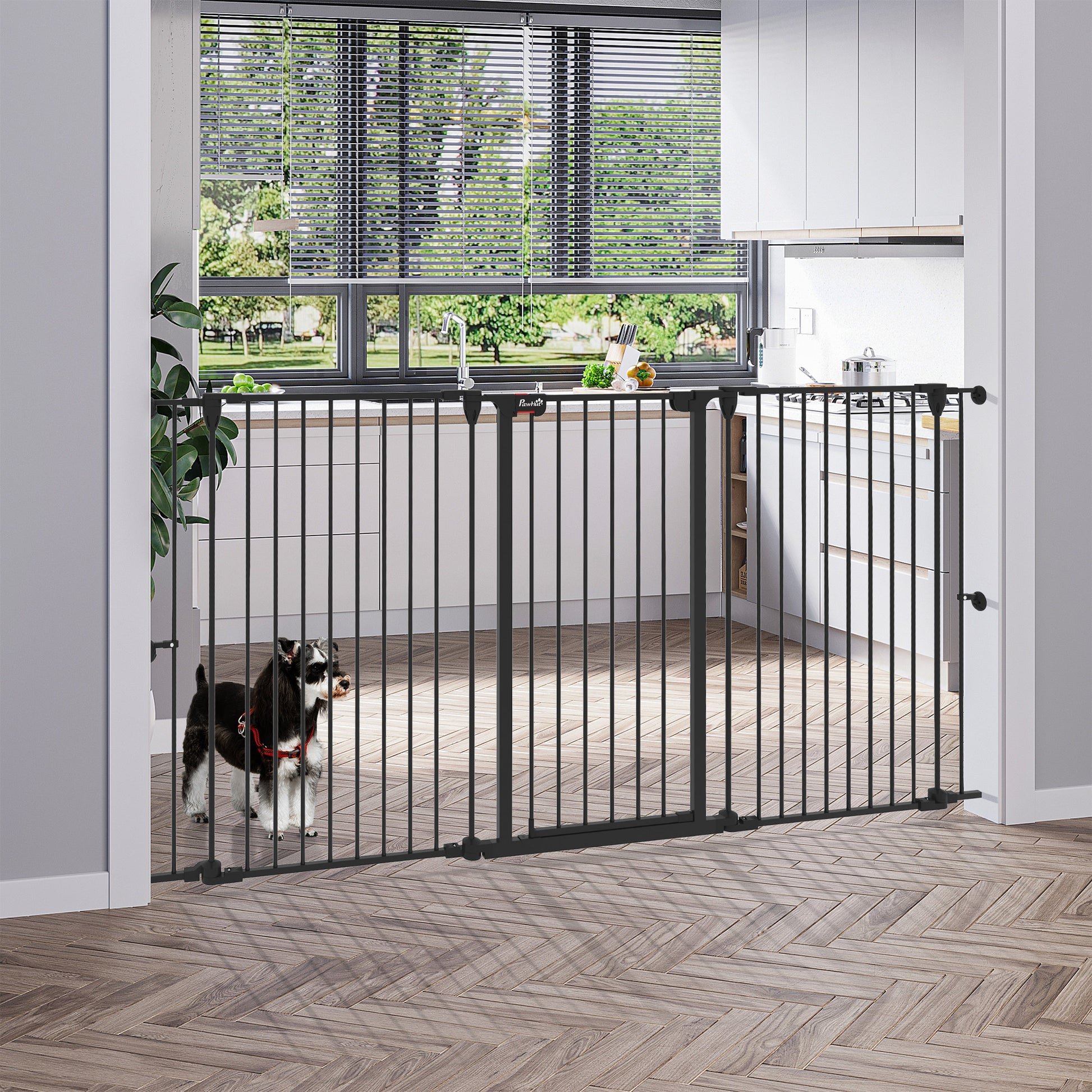 Steel Dog Barrier 206x90 cm Pet Fence 3-Panel Foldable Gate with Double Lock and Auxiliary Locking Function for Doorway Hallway Stairway Black