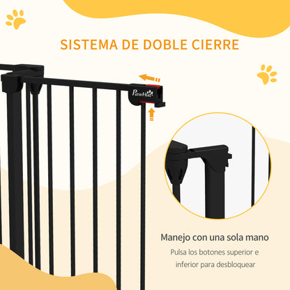 Steel Dog Barrier 206x90 cm Pet Fence 3-Panel Foldable Gate with Double Lock and Auxiliary Locking Function for Doorway Hallway Stairway Black