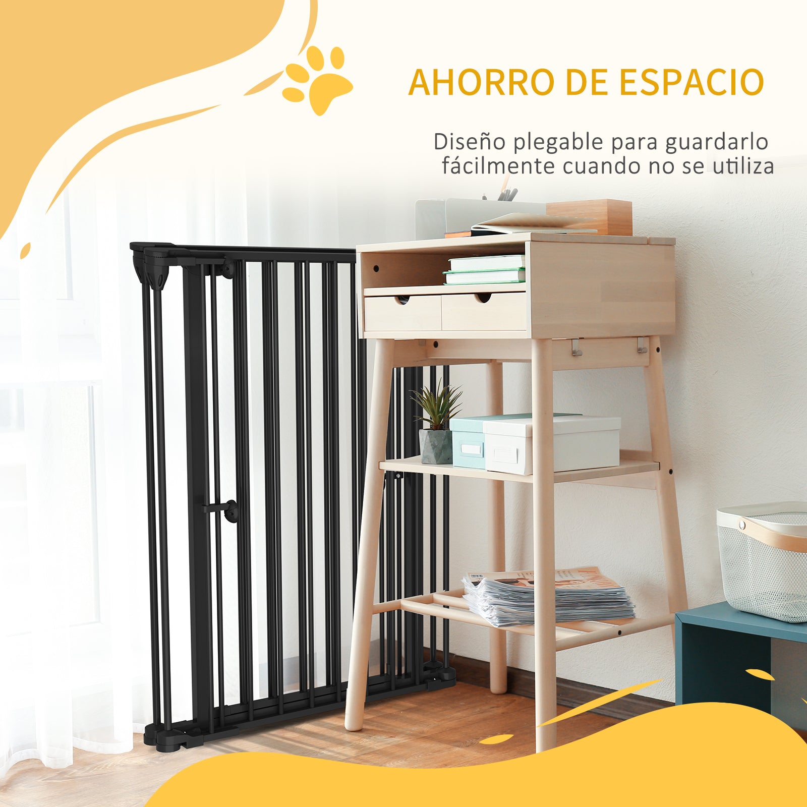 Steel Dog Barrier 206x90 cm Pet Fence 3-Panel Foldable Gate with Double Lock and Auxiliary Locking Function for Doorway Hallway Stairway Black