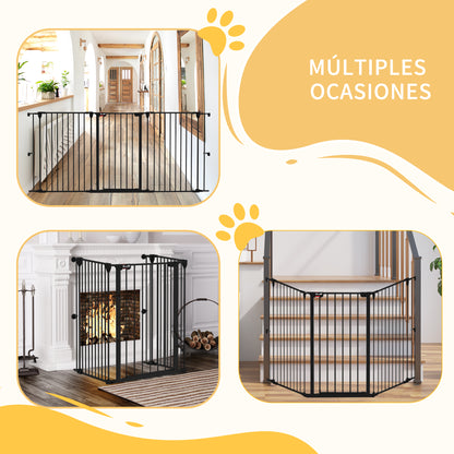 Steel Dog Barrier 206x90 cm Pet Fence 3-Panel Foldable Gate with Double Lock and Auxiliary Locking Function for Doorway Hallway Stairway Black