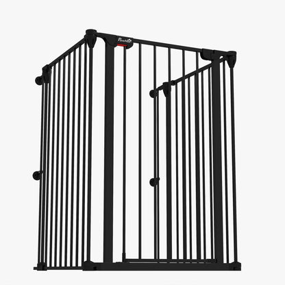 Steel Dog Barrier 206x90 cm Pet Fence 3-Panel Foldable Gate with Double Lock and Auxiliary Locking Function for Doorway Hallway Stairway Black